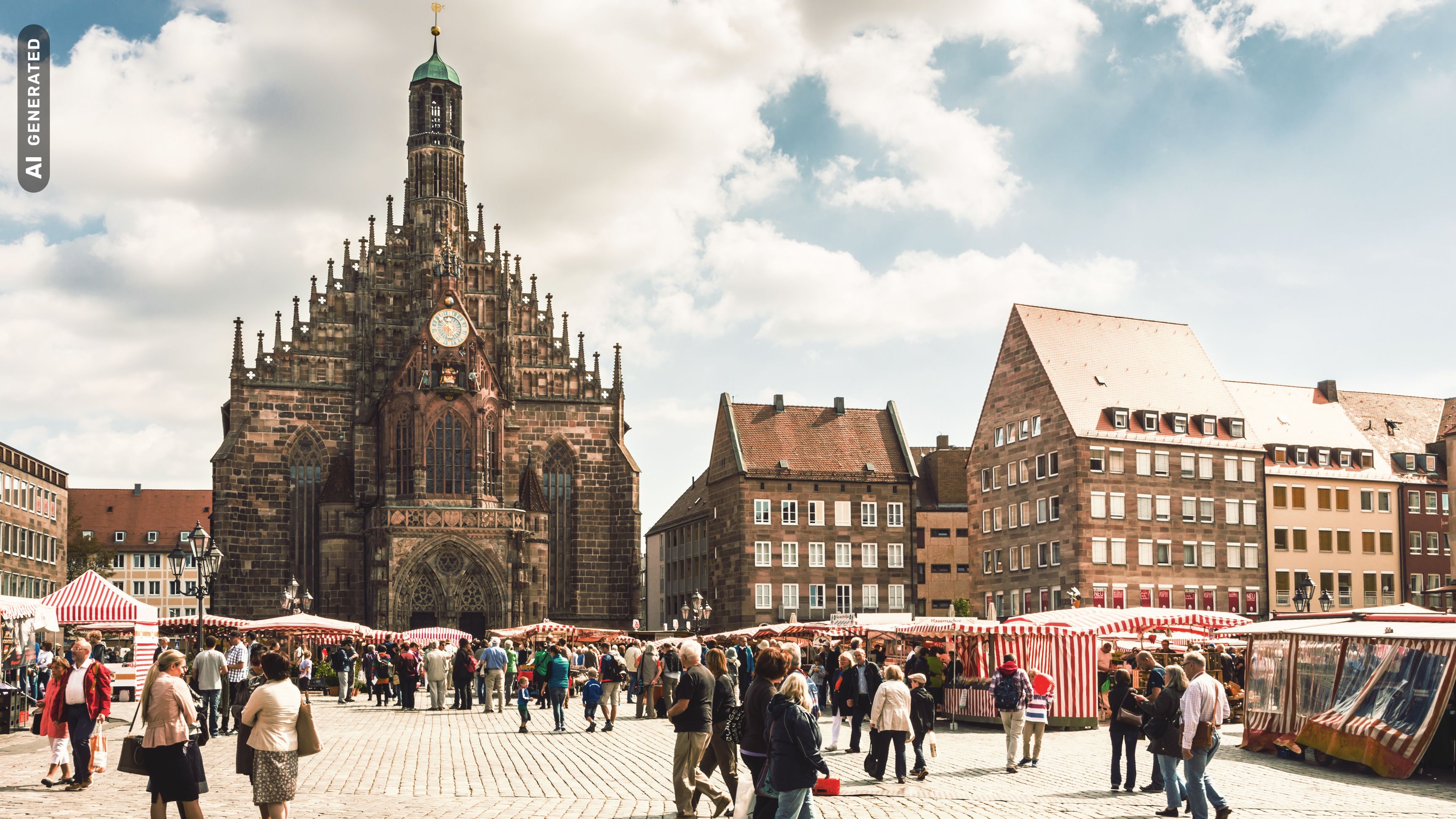 Titelbild auf Infoseite "duales Studium Nürnberg": Nürnberger Hauptmarkt mit Besuchern., AI-generated
