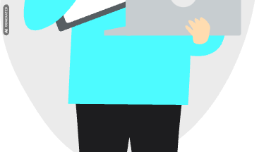 Illustration eines dual Studierenden mit Laptop und Notizheft in der Hand, AI-generated