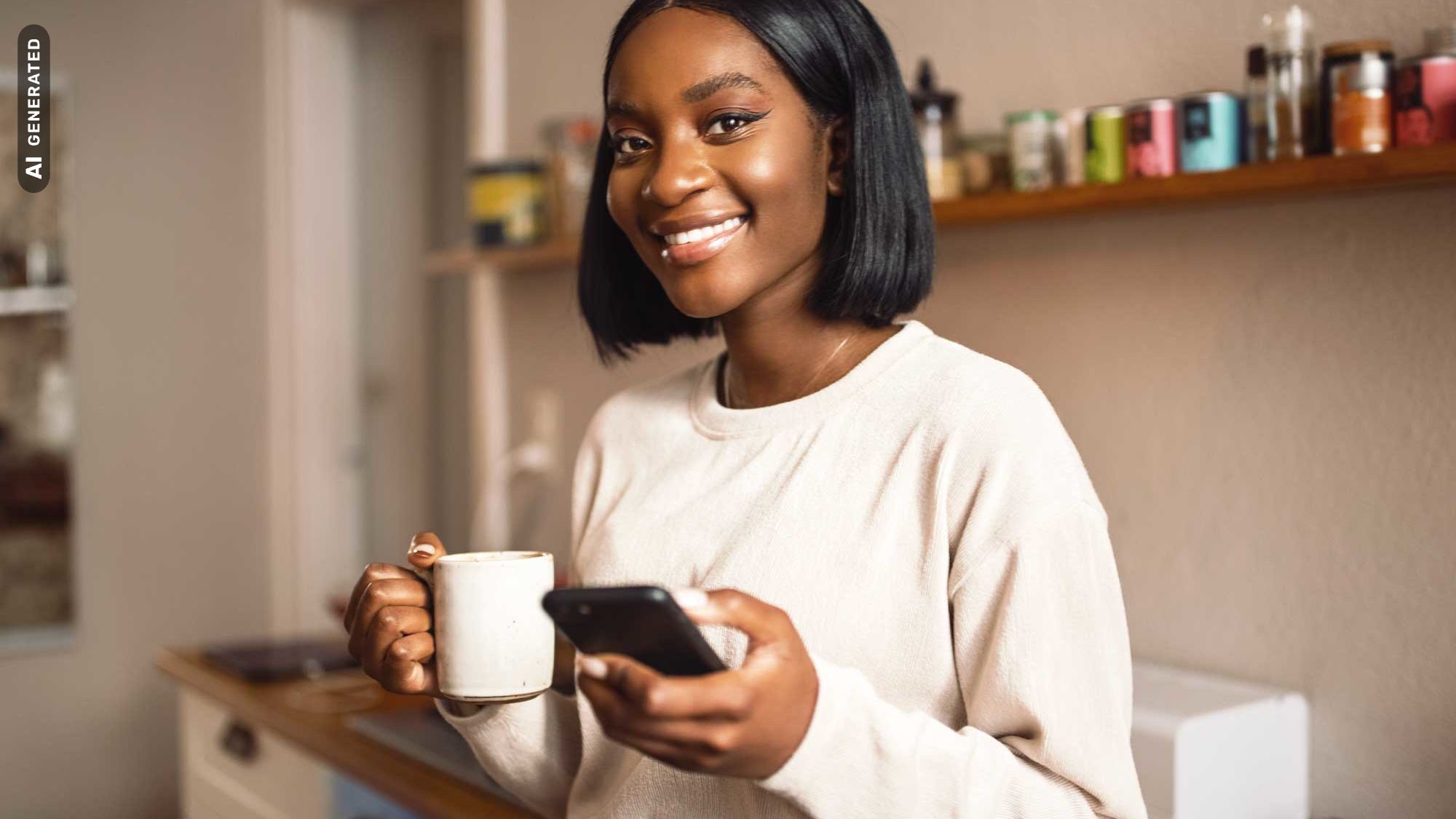 Lächelnde Studentin mit Kaffee und Smartphone in der Hand, AI-generated