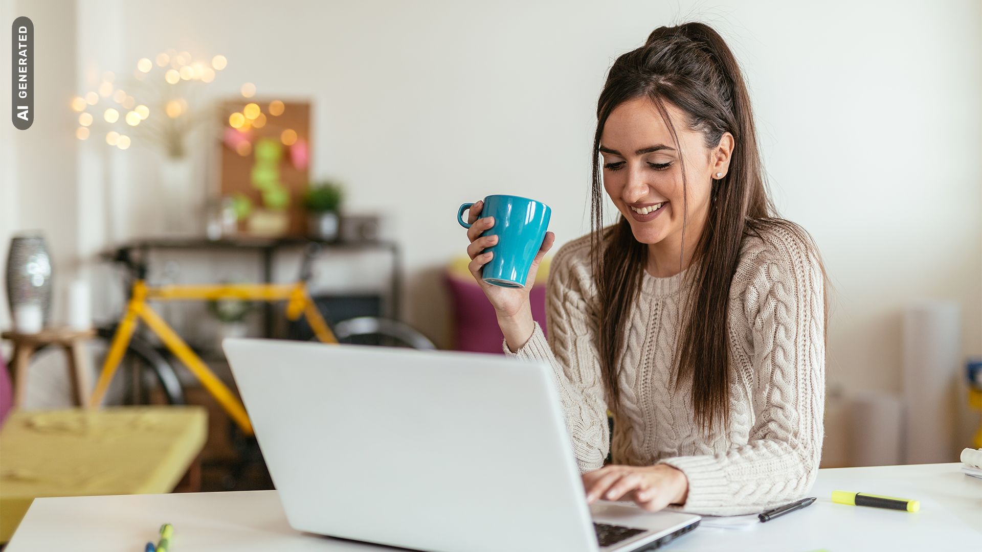 Flexibel studieren: Studentin lernt am Laptop von Zuhause, AI-generated
