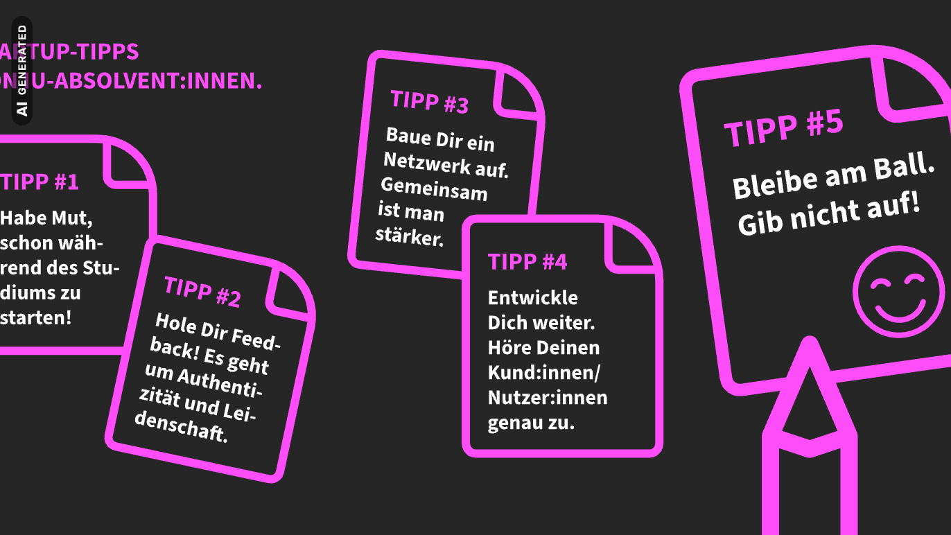 Infografik Startup-Tipps von IU-Absolvent:innen, AI-generated
