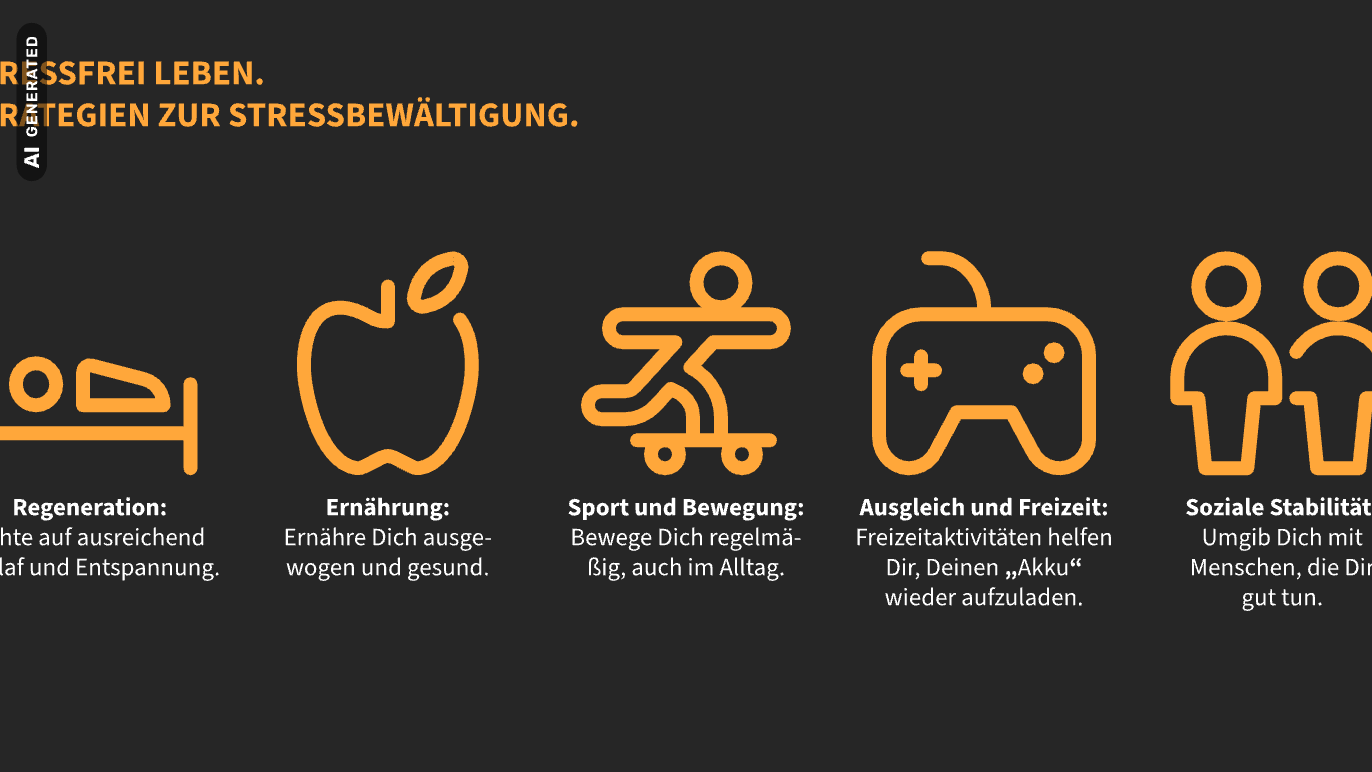 Strategien zur Stressbewältigung: Regeneration, Ernährung, Bewegung, Freizeit, Kontakte, AI-generated