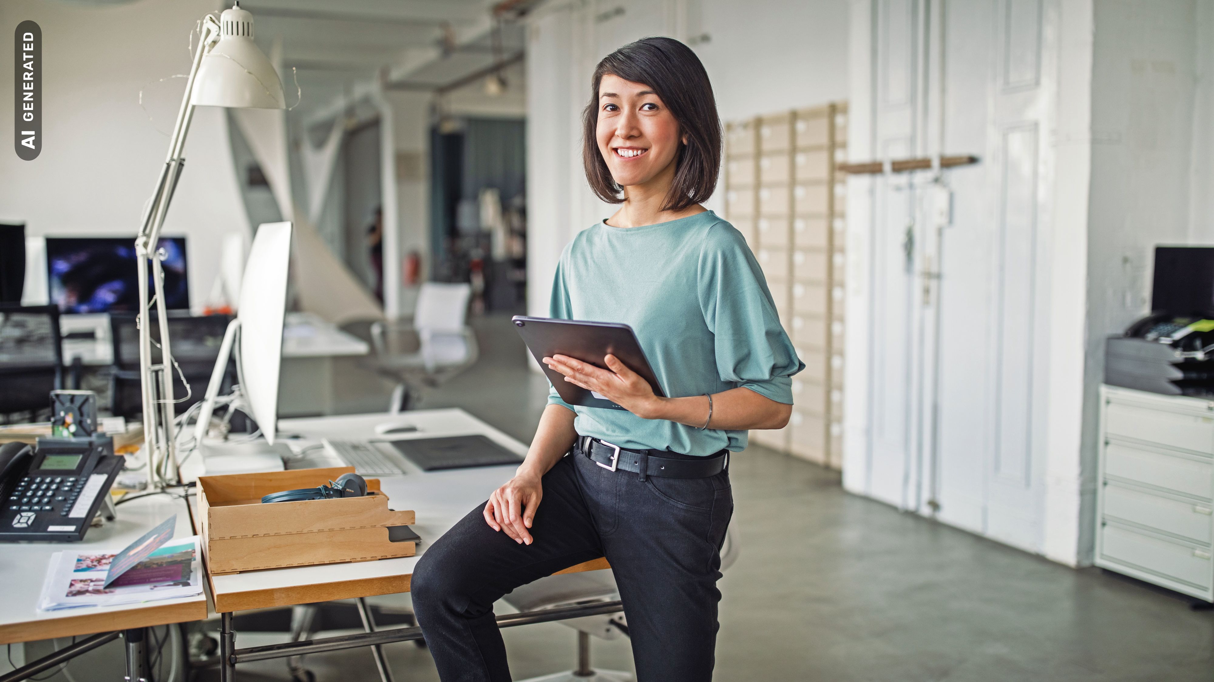 Titelbild für Infoseite “IU Leitbild zum Thema Diversity und Gleichstellung”: Frau mit Tablet im Büro, AI-generated
