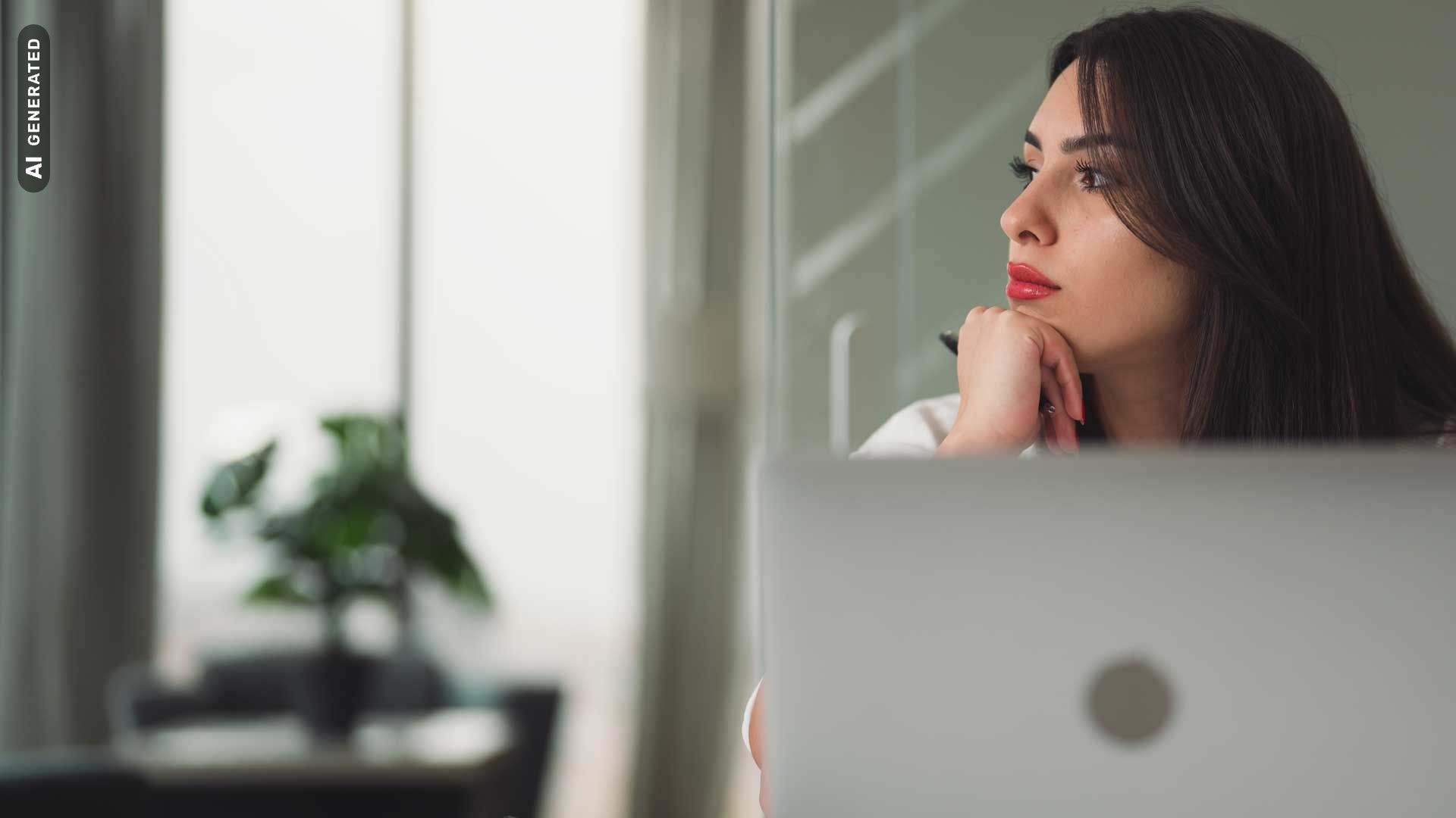 Titelbild zum Artikel "Prokrastination": Studentin vor dem Laptop schaut aus dem Fenster, AI-generated