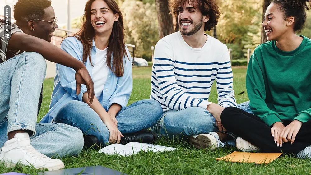 Kommunikativer Lerntyp: Gruppe Studierender im Park, AI-generated