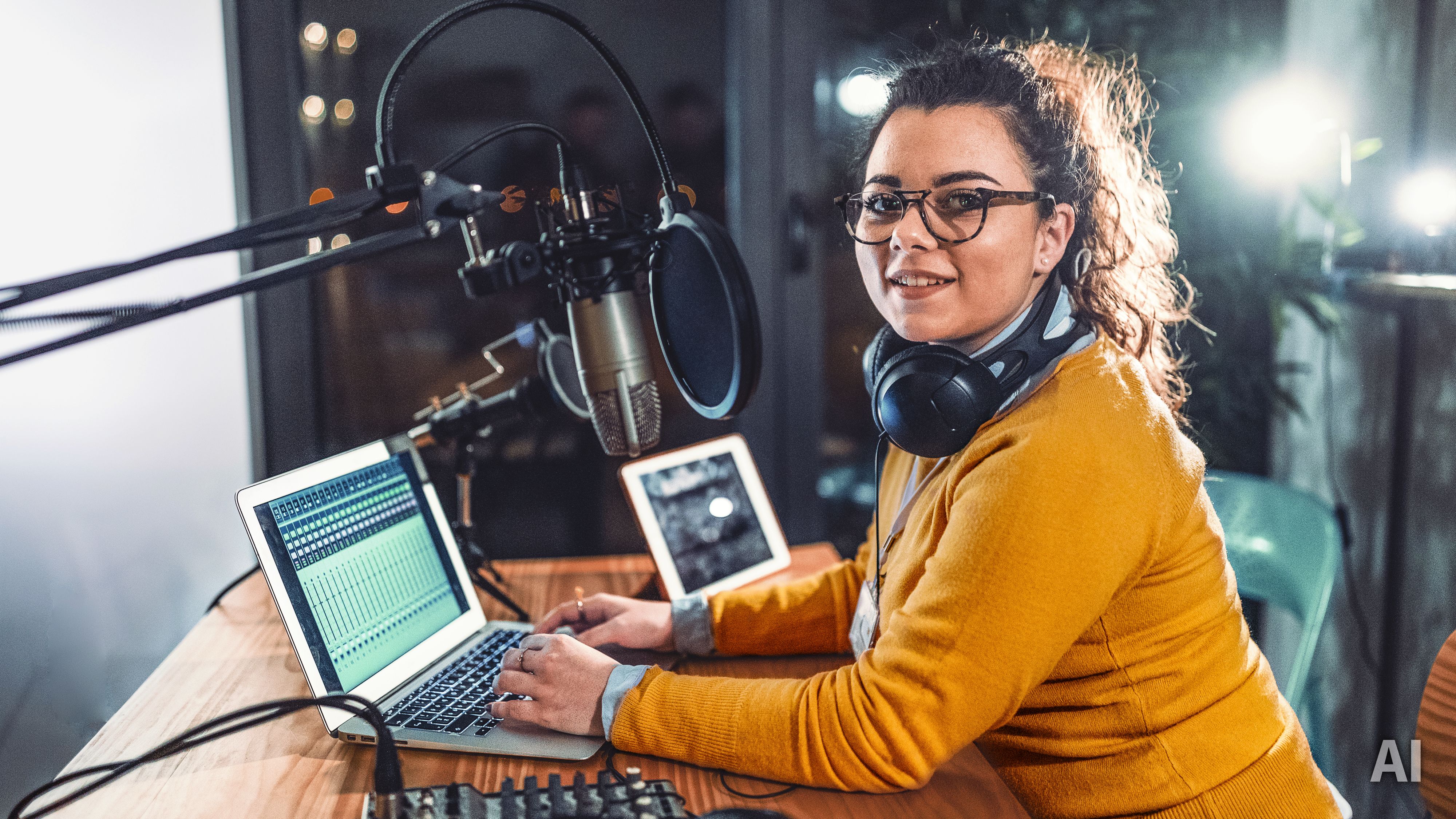 Titelbild für Infoseite “duales Studium Kommunikation und PR": Studentin mit Kopfhörern im Aufnahme-Studio, AI-generated
