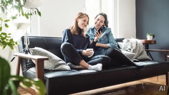 Zwei junge Frauen sitzen auf einer Couch, AI-generated