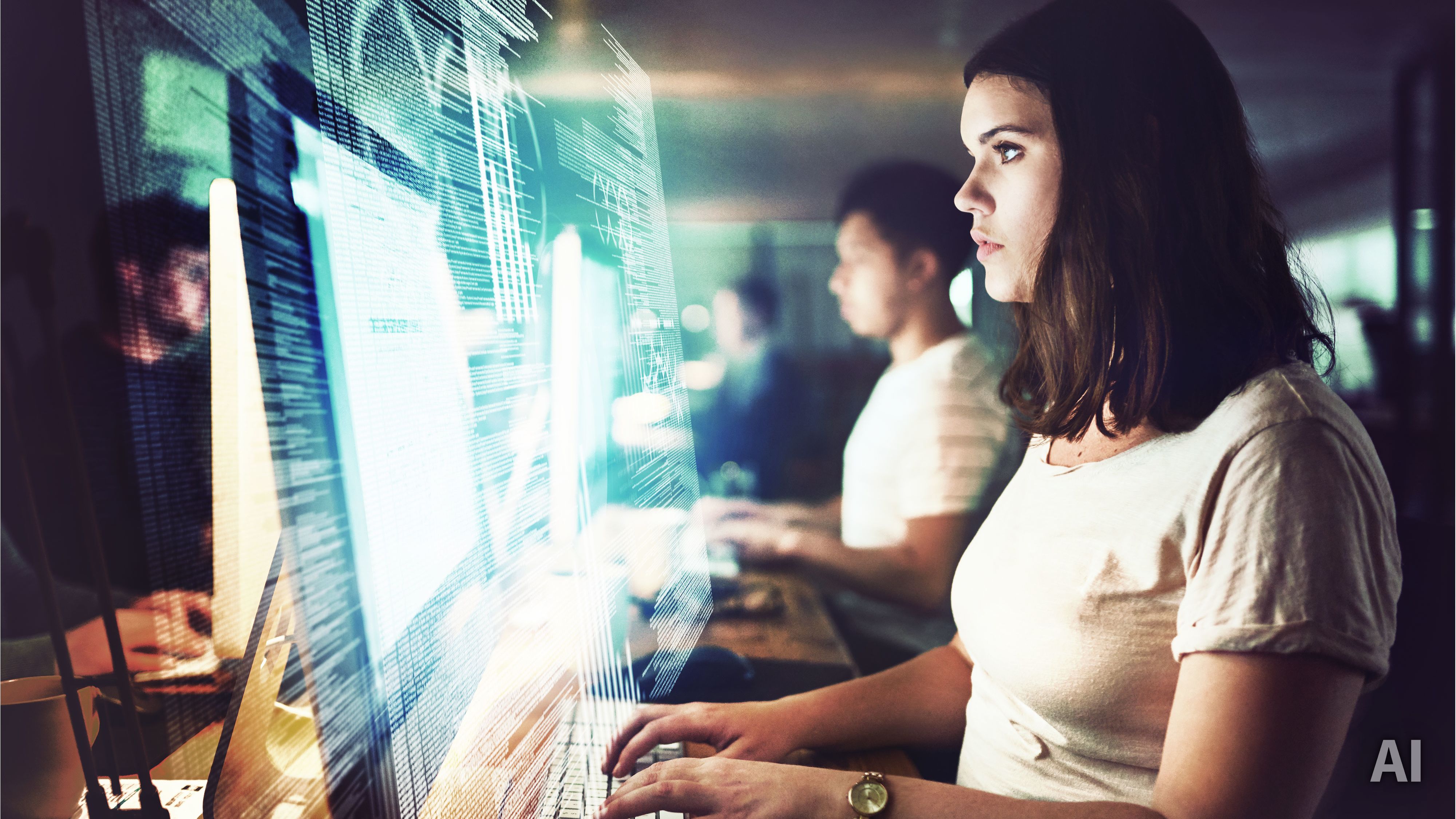 Titelbild für Infoseite: "duales Studium IT und Technik": Frau vor Bildschirm, AI-generated
