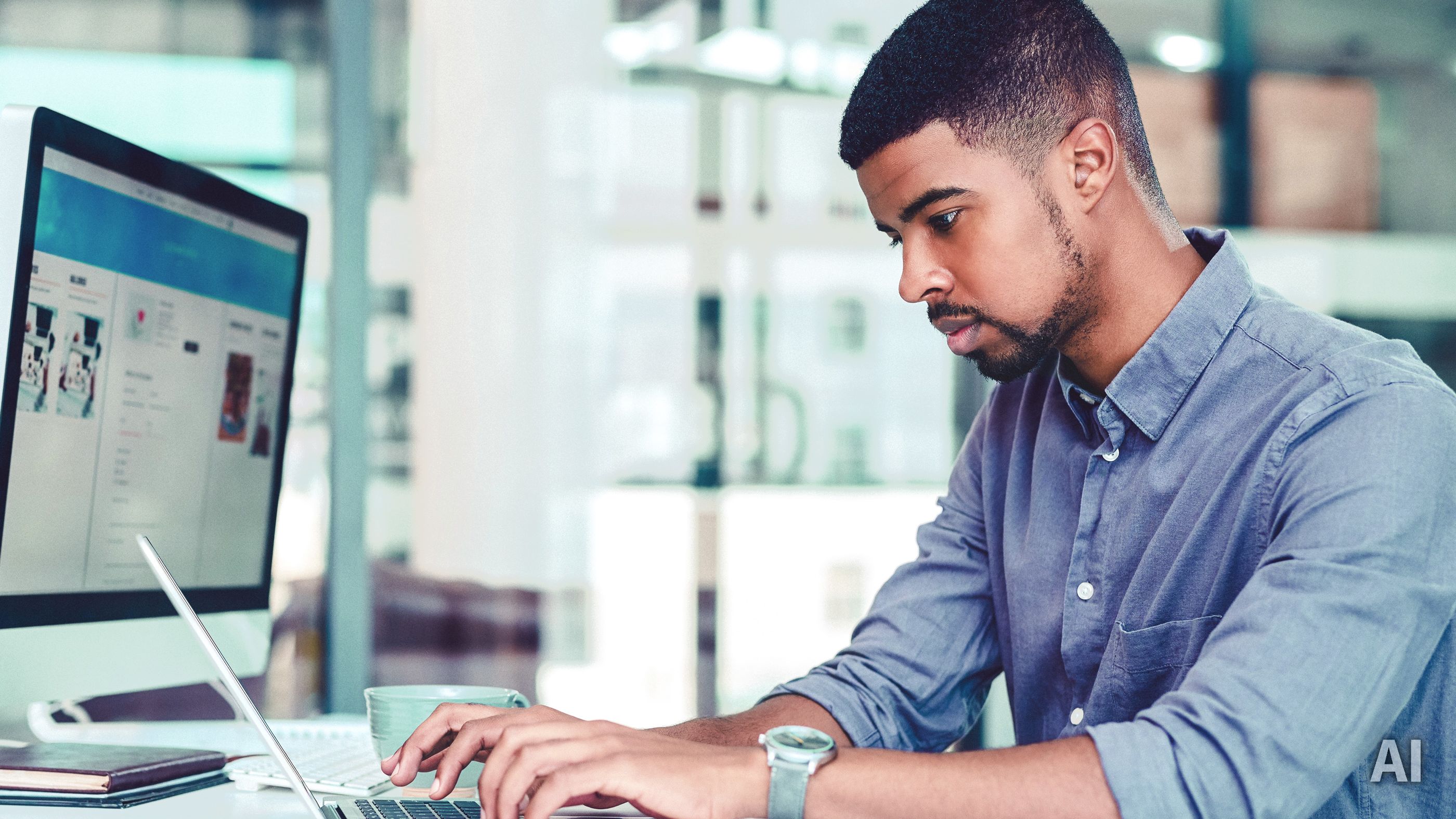 Titelbild für Infoseite: "duales Studium Wirtschaft und Management": Mann arbeitet am Laptop am Schreibtisch, AI-generated