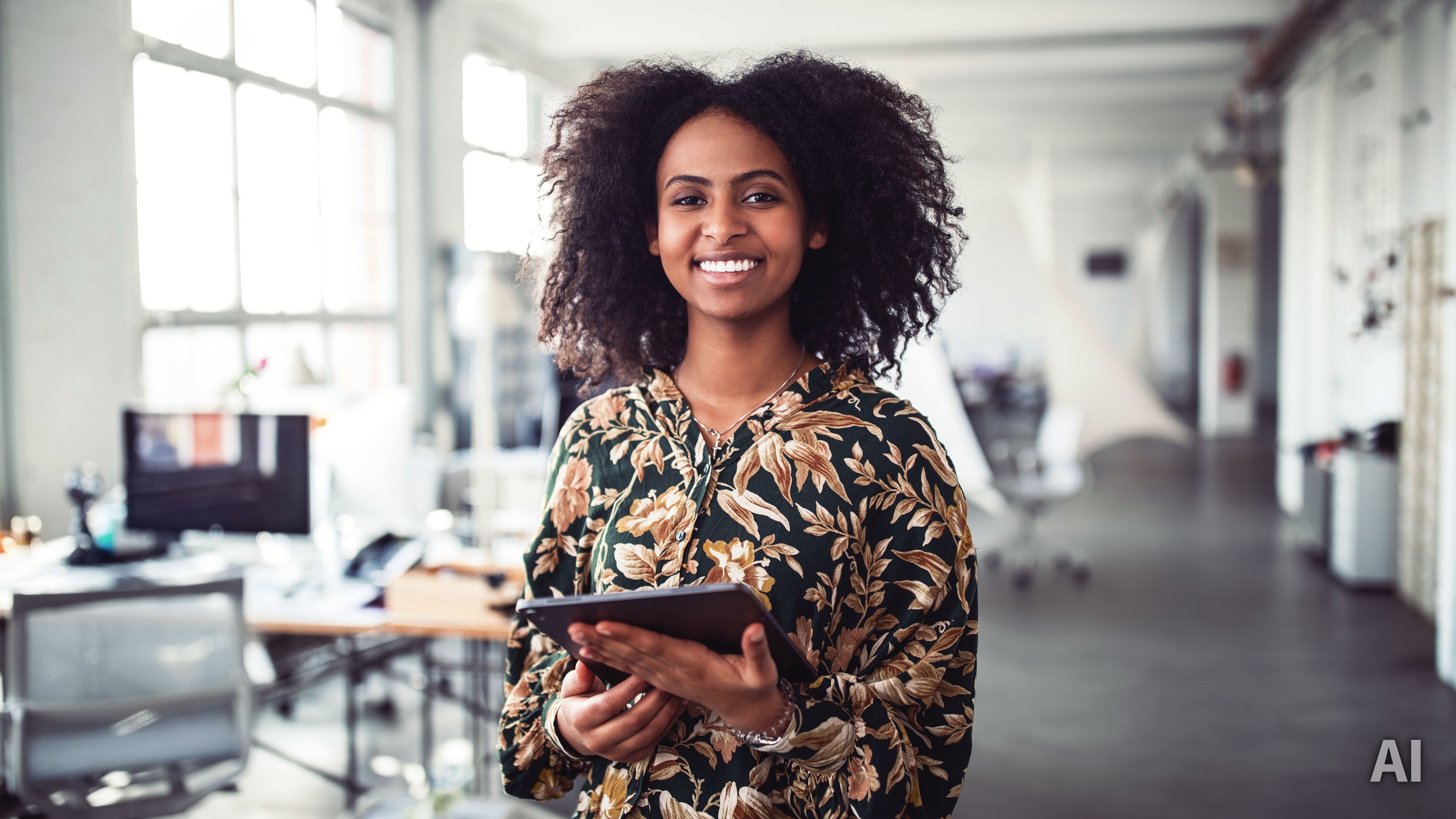 Titelbild für Studiengangsseite "duales Studium Online Marketing": Frau steht mit Tablet in der Hand in Büro, AI-generated