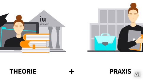 Illustration für Infoseite: "Bachelor": Mädchen mit Laptop und Büchern als Symbol für Theorie und Mädchen mit Aktentasche und Berügebäude als Symbol für Praxis, AI-generated