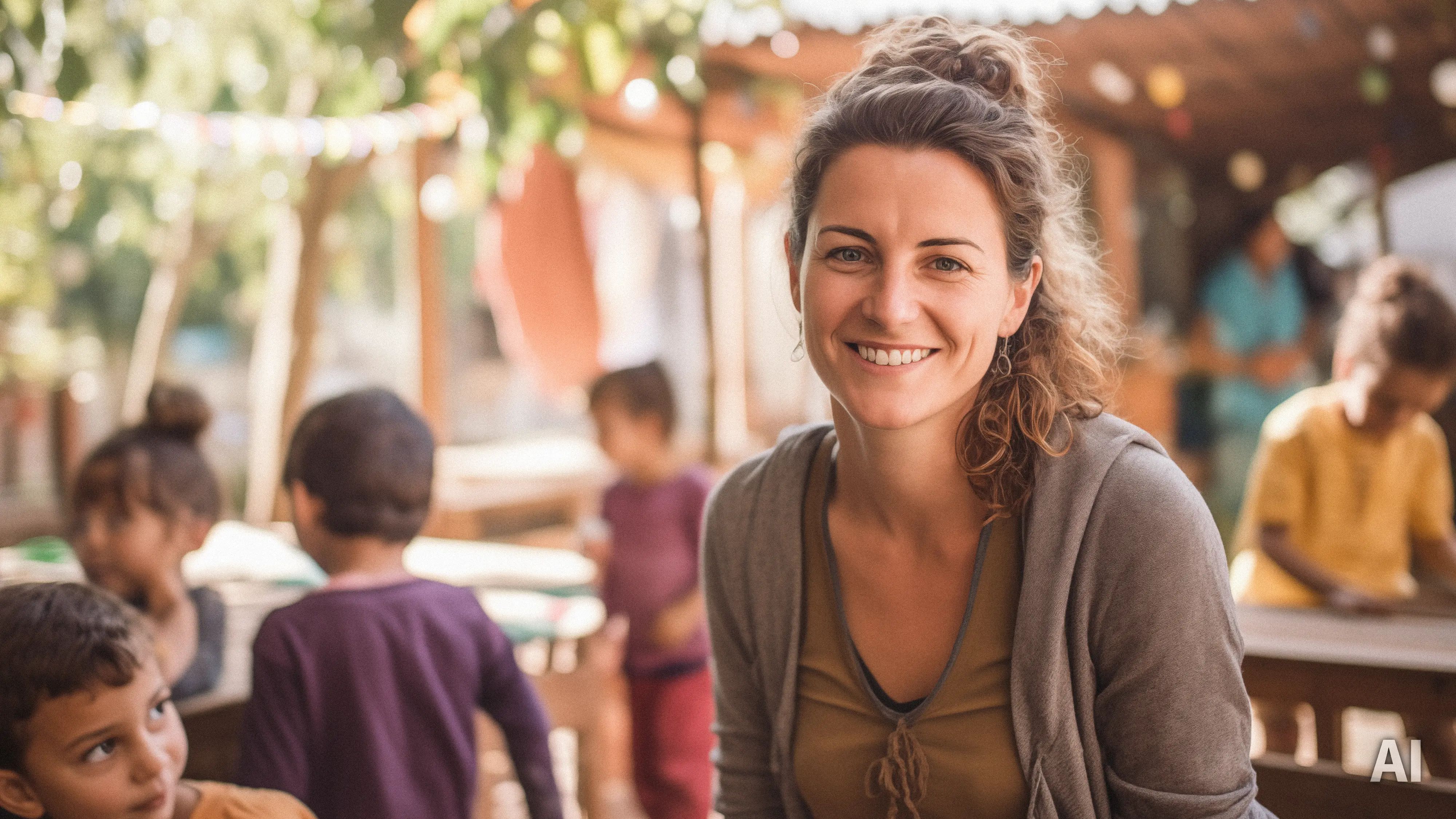 Titelbild für Infoseite "Bachelor Soziale Arbeit mit Schwerpunkt Kinder und Jugendliche": Sozialarbeiterin mit Kindern, AI-generated