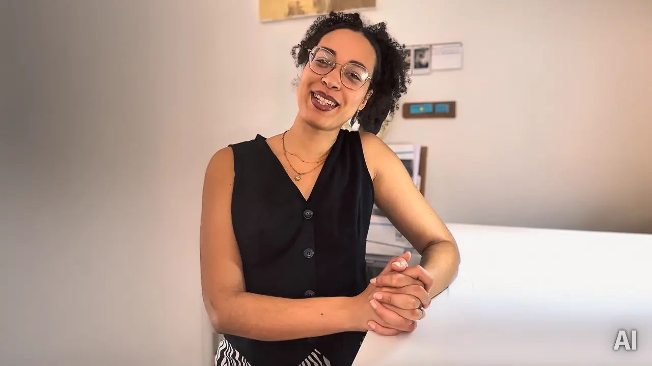 Lächelnde Person mit Brille und lockigem Haar lehnt mit gefalteten Händen an einem Schreibtisch; schwarze ärmellose Bluse, heller Innenraum mit Pinnwand im Hintergrund., AI-generated