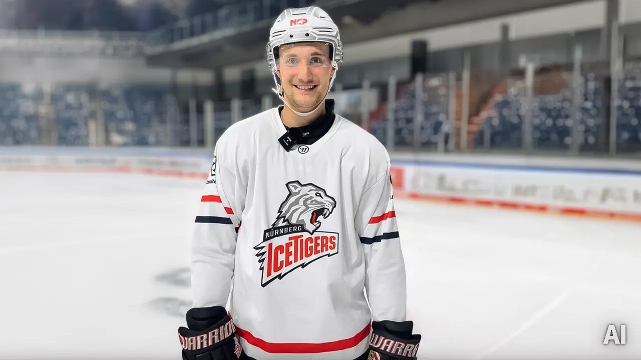 Eishockeyspieler im weißen Trikot der Nürnberg Ice Tigers mit Helm und Handschuhen, lächelnd auf dem Eis; unscharfe Tribünen im Hintergrund., AI-generated