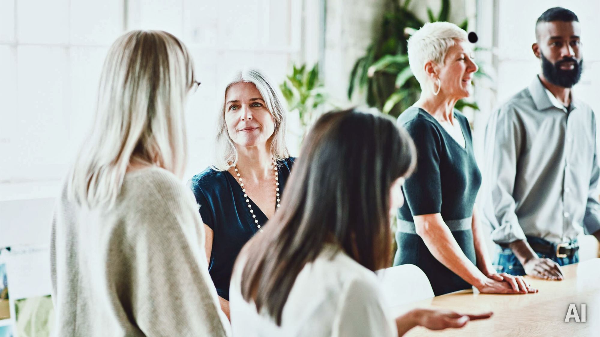 Titelbild für Infoseite “IU Hochschulleitung”: Gruppe Professor:innen unterhält sich im Büro, AI-generated