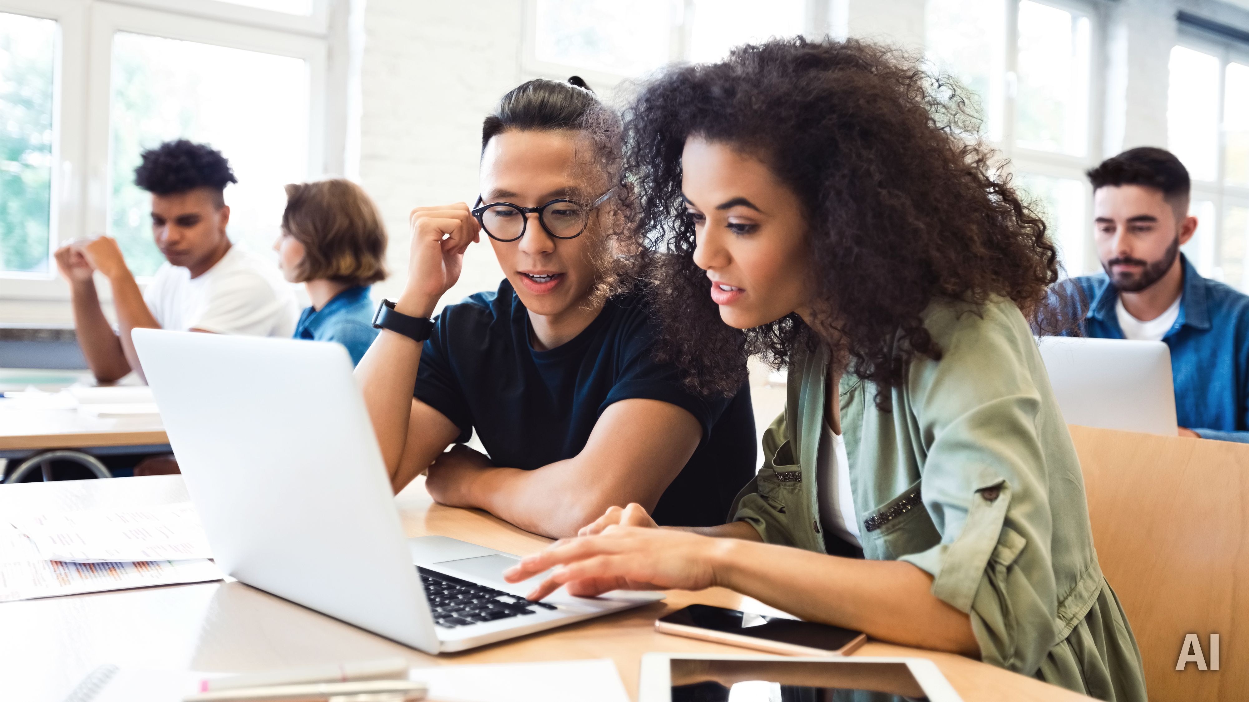 Titelbild der Infoseite "Ausbildungsintegriertes Studium": Zwei Studierende des ausbildungsintegrierten Studiums sitzen zusammen am Laptop und schauen sich Studieninhalte an., AI-generated