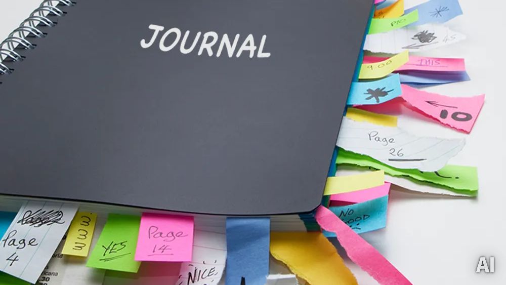 Notizbuch mit Post-it an der Seite, AI-generated