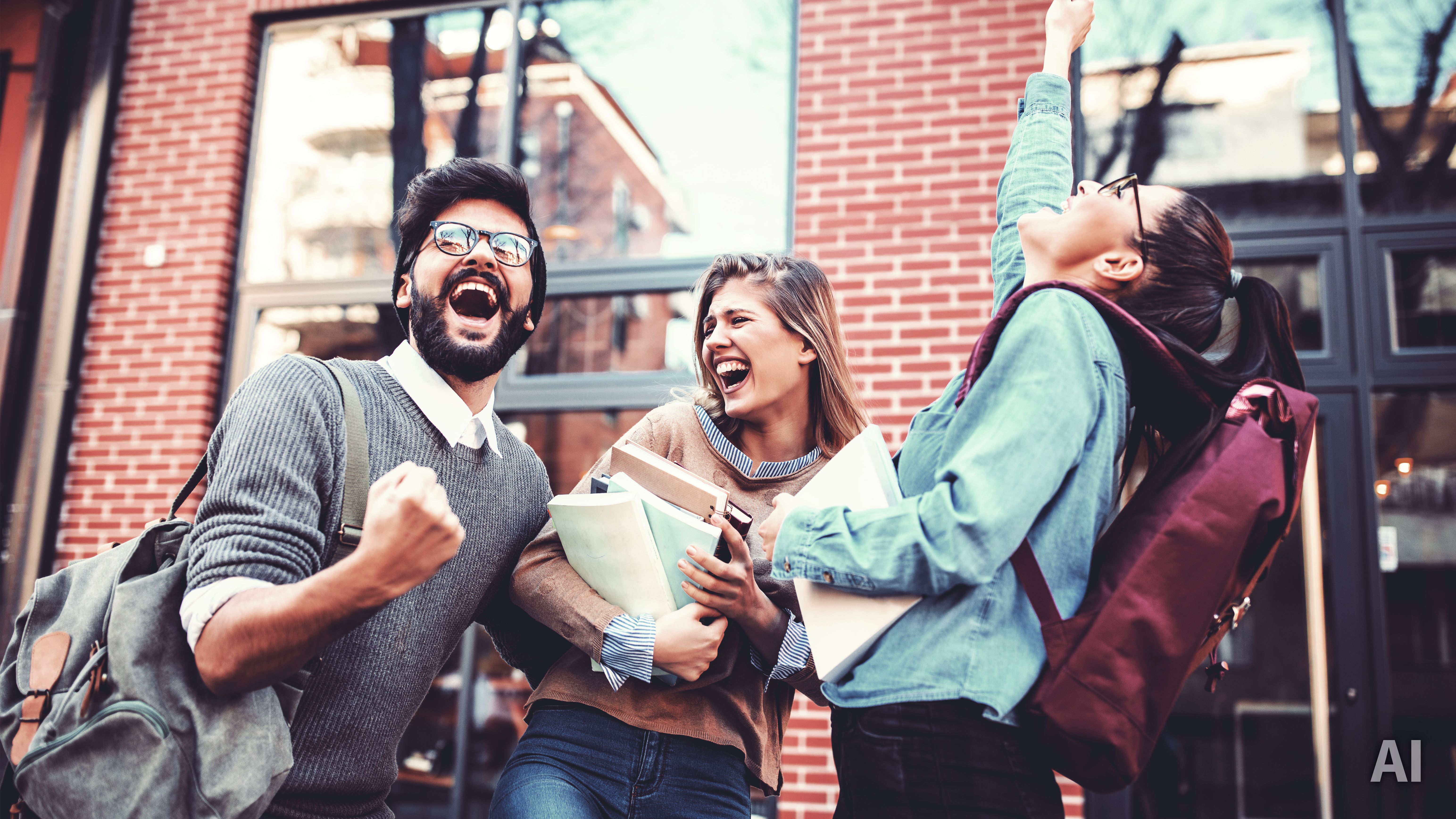 Feierabend in Hessen: Gruppe von Studierenden lacht, AI-generated