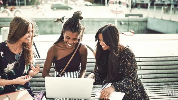 Drei junge Frauen schauen gemeinsam auf einen Laptop, AI-generated