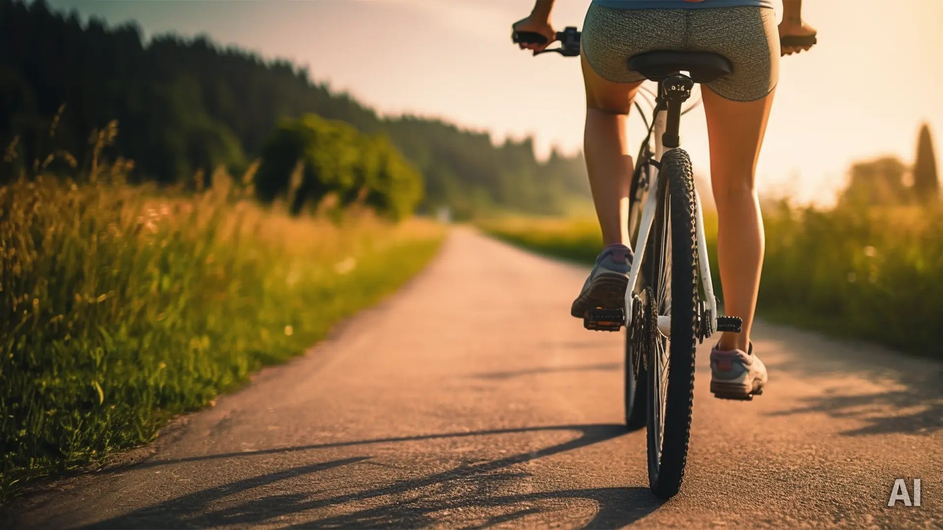 Titelbild zum Artikel "Selbstfürsorge lernen": Radfahrerin auf Radweg in der Natur, AI-generated