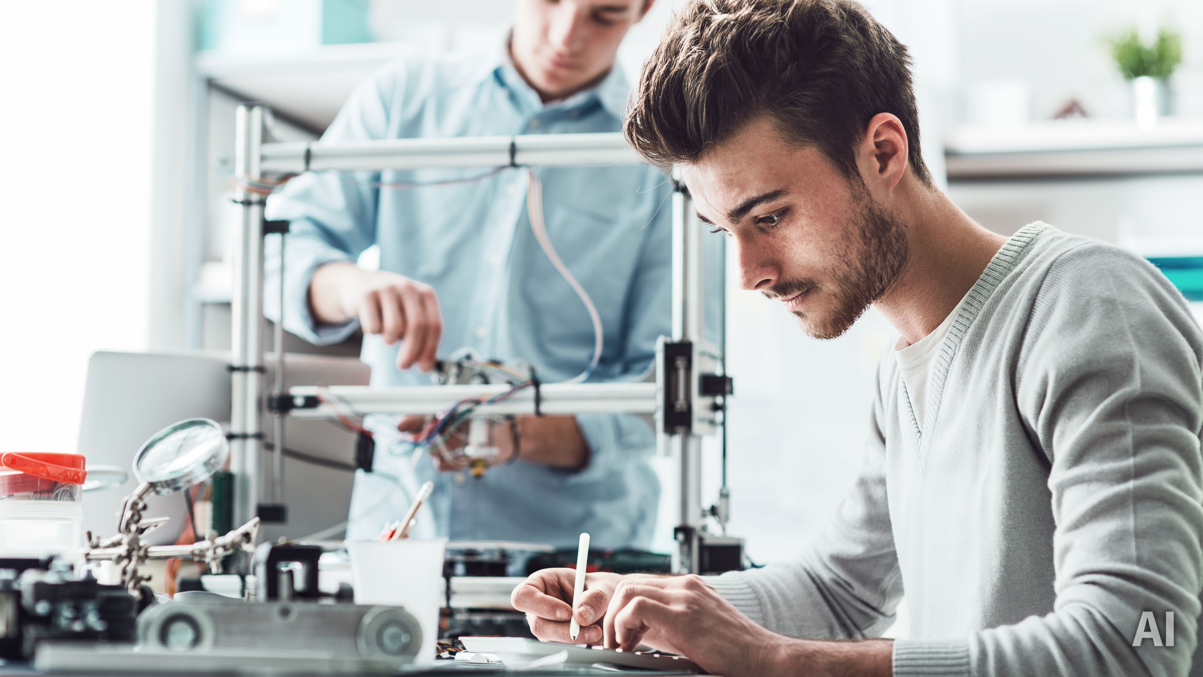 Titelbild auf Studiengangseite duales Studium Elektrotechnik: Elektrotechniker beim Arbeiten, AI-generated
