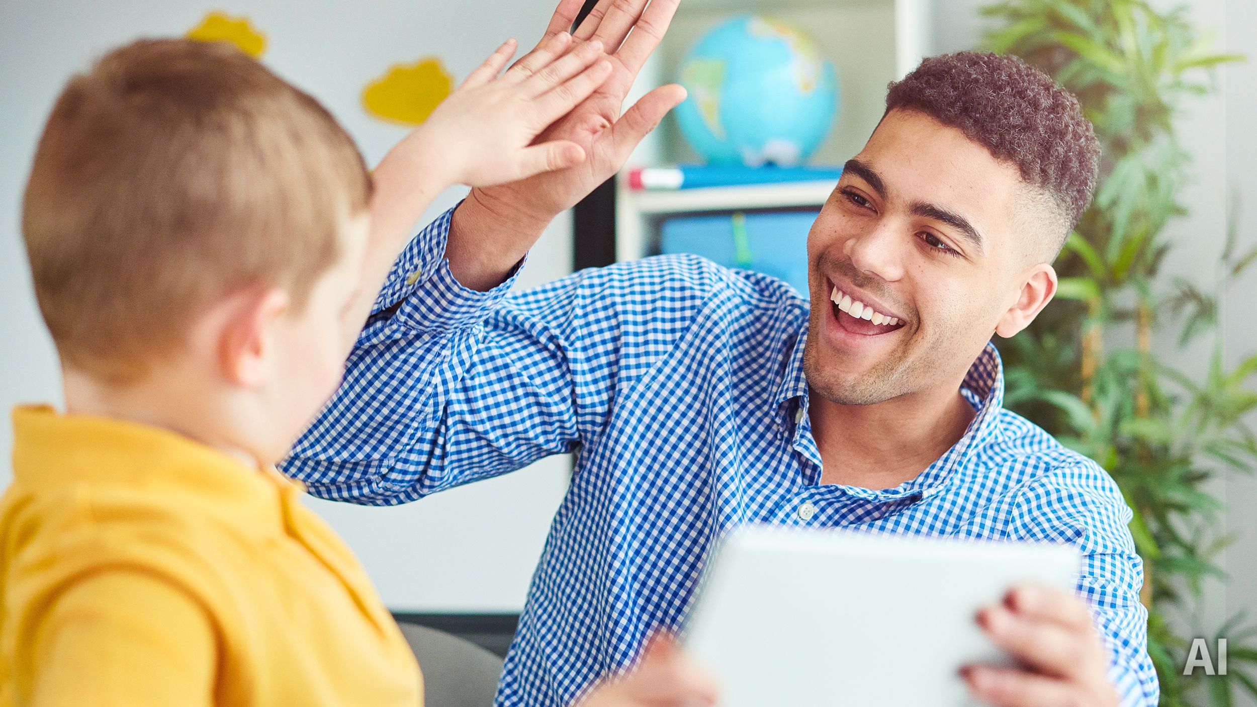 Titelbild für Infoseite: "duales Studium Gesundheit und Soziales": Erzieher und Kind geben High Five, AI-generated