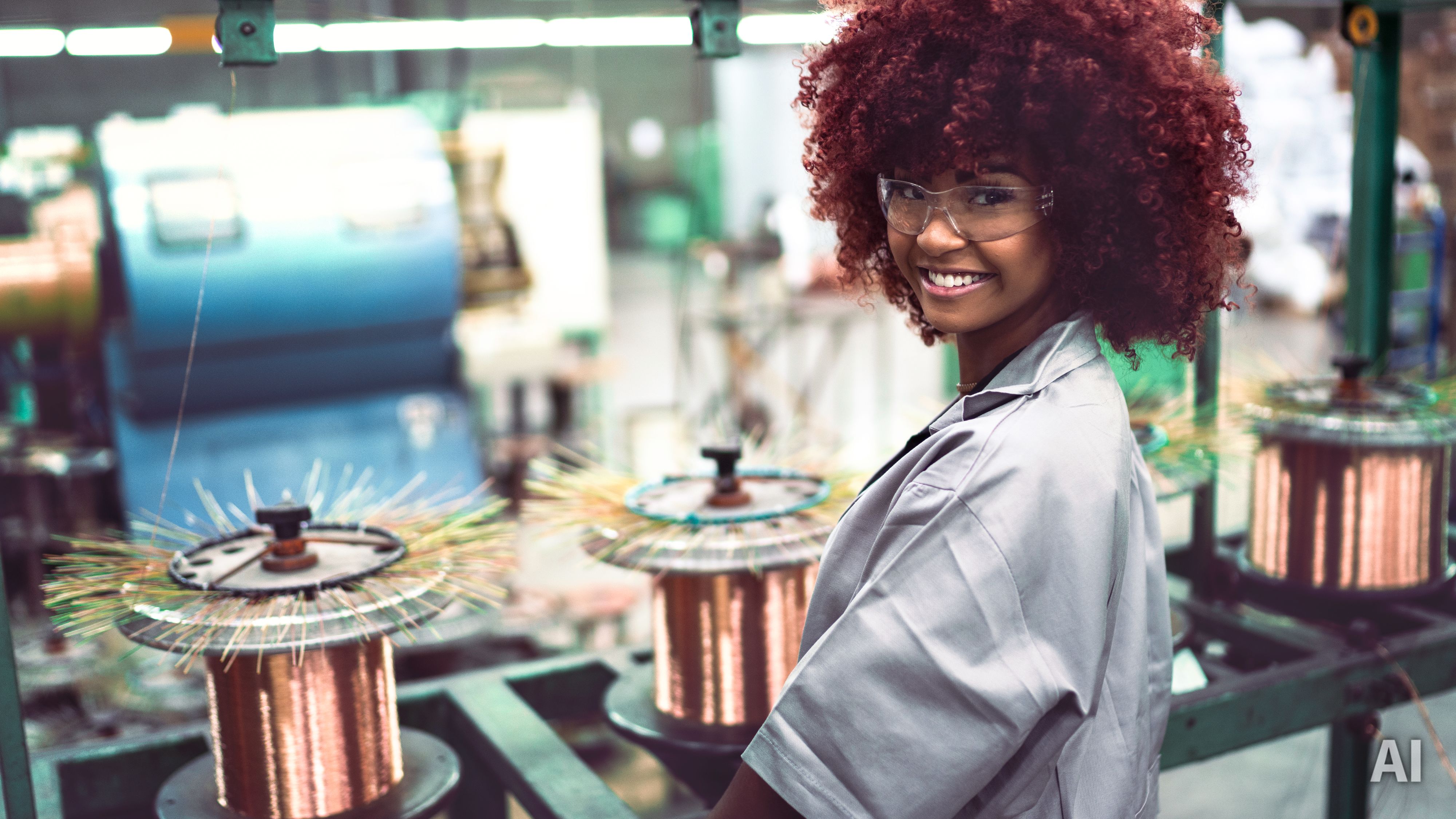 Titelbild auf Studiengangseite duales Studium Maschinenbau: Frau in Werkstatt, AI-generated