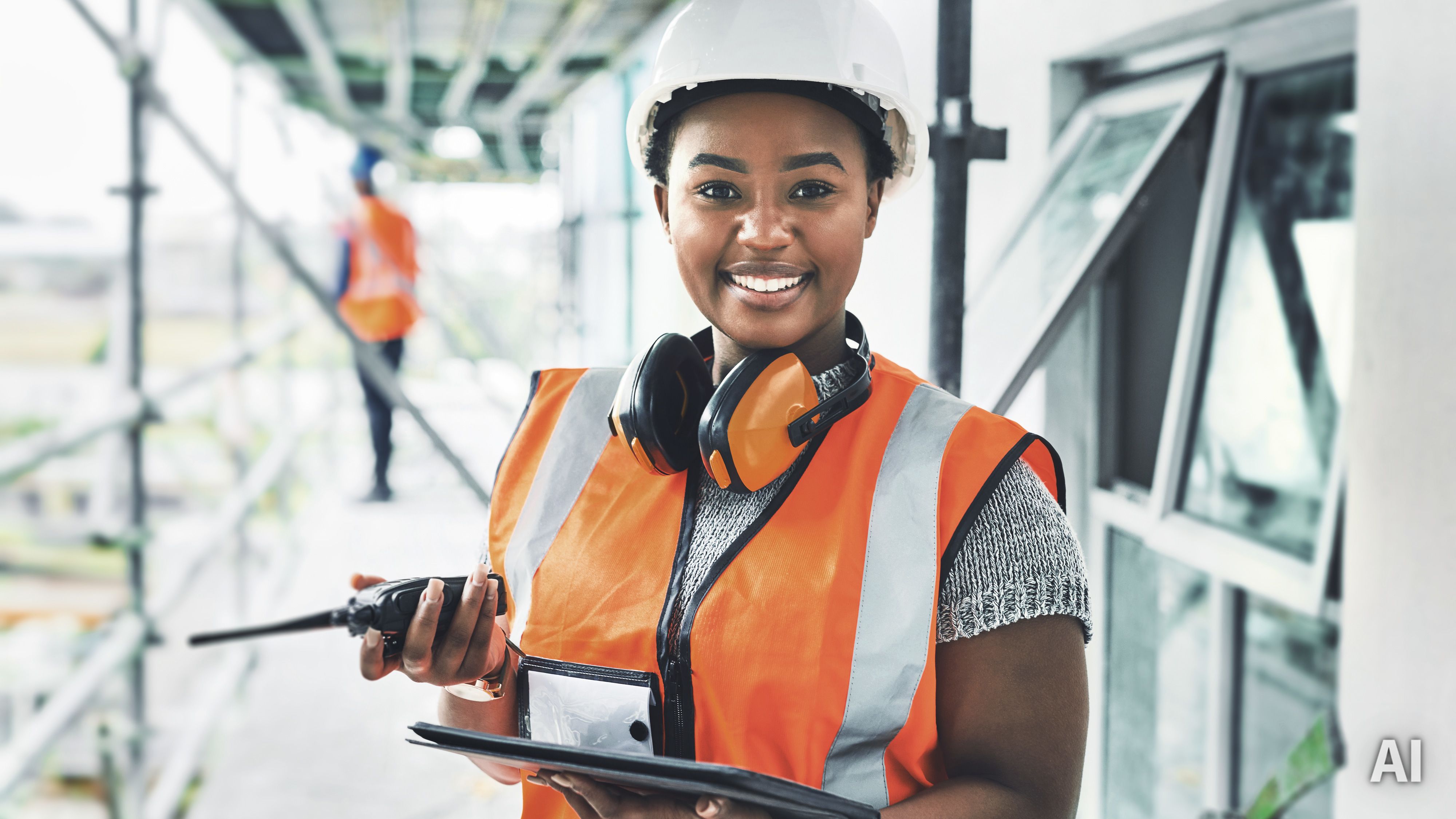 Titelbild für Infoseite “duales Studium Bauingenieurwesen”: Lachende Studentin, AI-generated