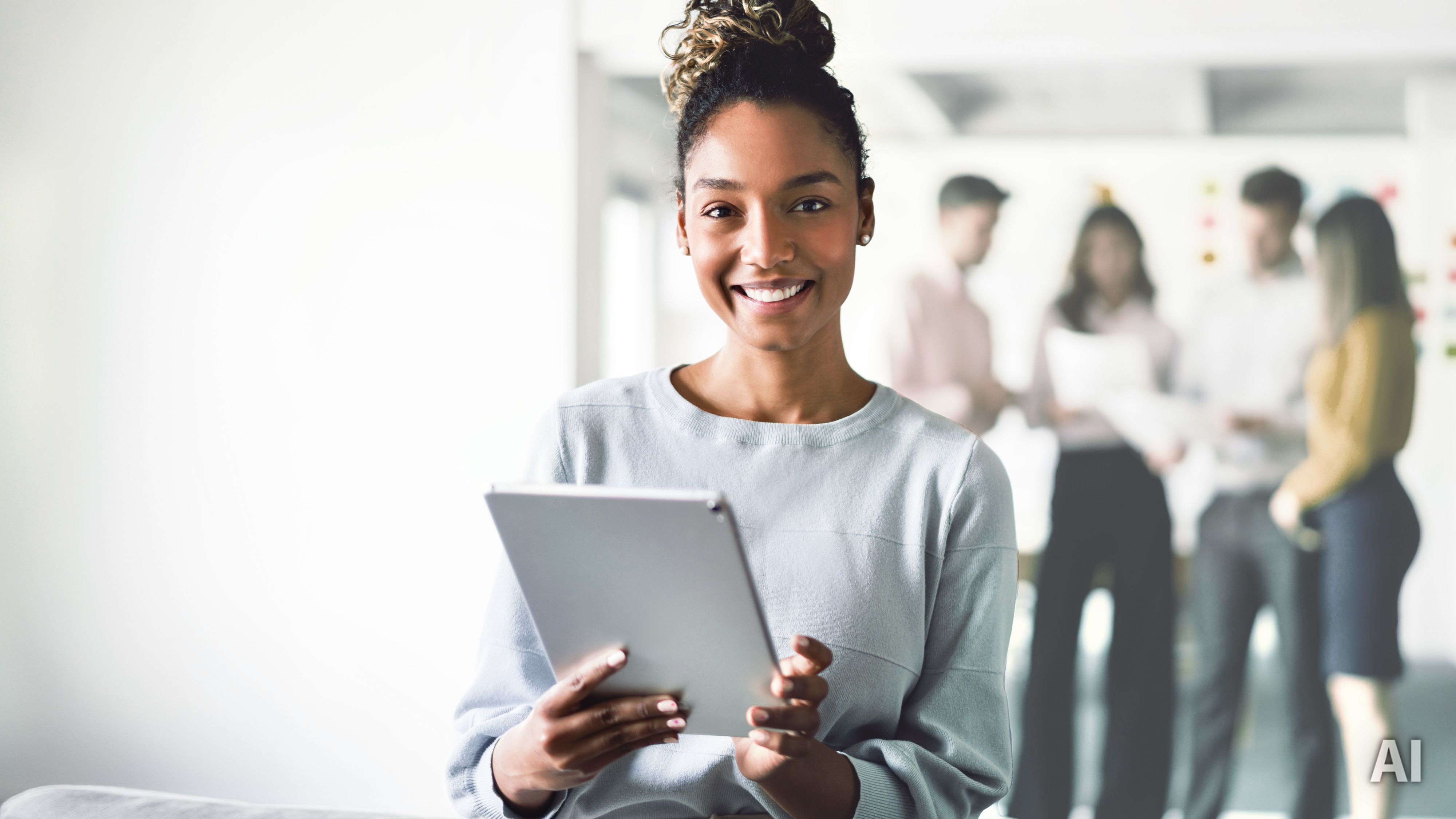 Titelbild für Studiengangseite "duales Studium Personalmanagement": Frau mit Tablet in Büro, AI-generated