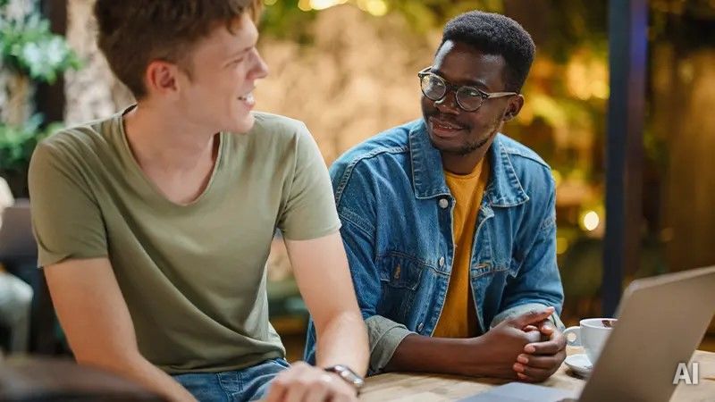 Mediabild der Infoseite "Fernstudium-mit-Fachhochschulreife": Studenten unterhalten sich, AI-generated