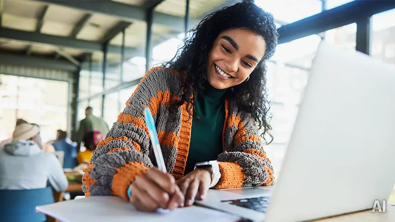 Mediabild der Infoseite "Masterstudium-Ausland": Studierende sitzt im Cafe und macht sich Notizen, AI-generated