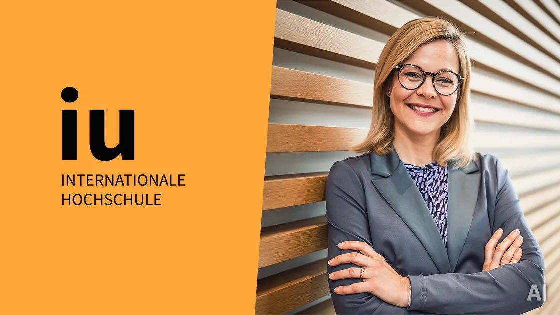 Titelbild zum Artikel: "IU Vortrag - Werde zur Heldin Deiner Gründung: Sabrina Micklich, Projektleiterin für Entrepreneurship & Innovation an der IU Internationalen Hochschule, steht lächelnd vor einer holzgetäfelten Wand, AI-generated