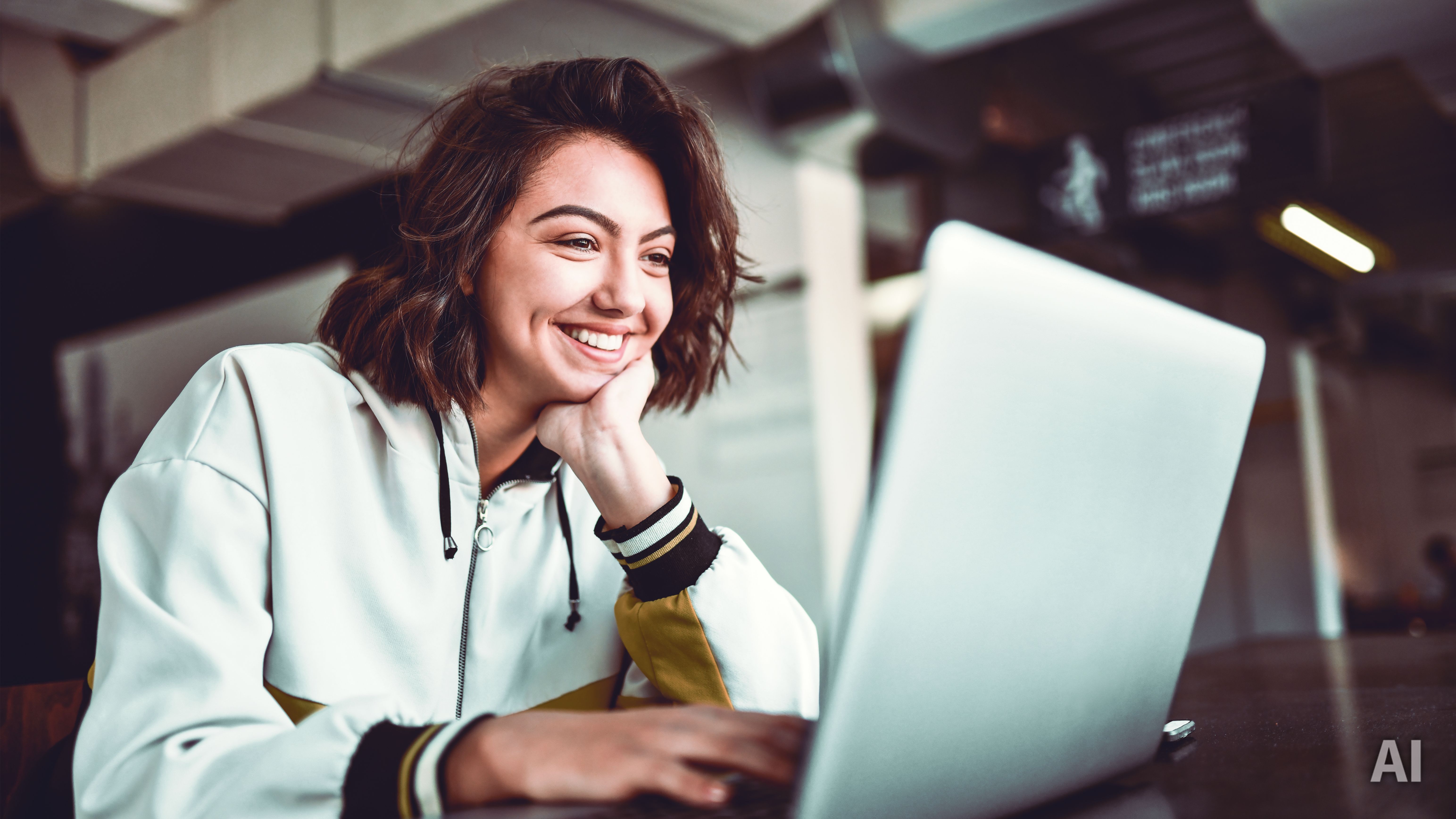 Studentin sitzt am Laptop, AI-generated
