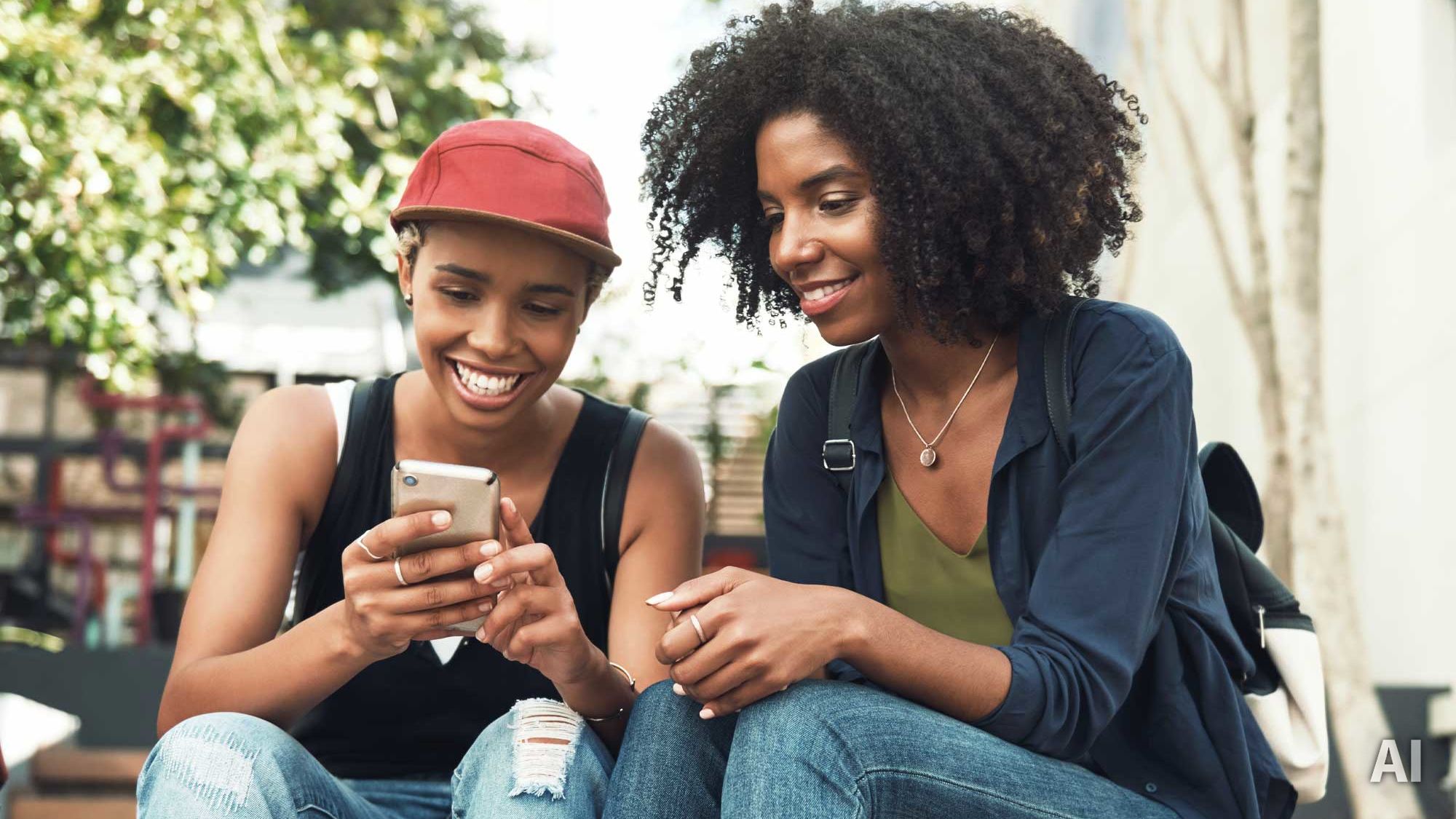 Titelbild für Infoseite “Hochschulwechsel”: Zwei Studentinnen sitzen draußen und schauen gemeinsam auf ein Smartphone, AI-generated
