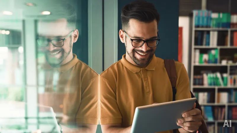 Bild zu "Duales Studium Studienalltag": Lächelnder Mann am Tablet, AI-generated