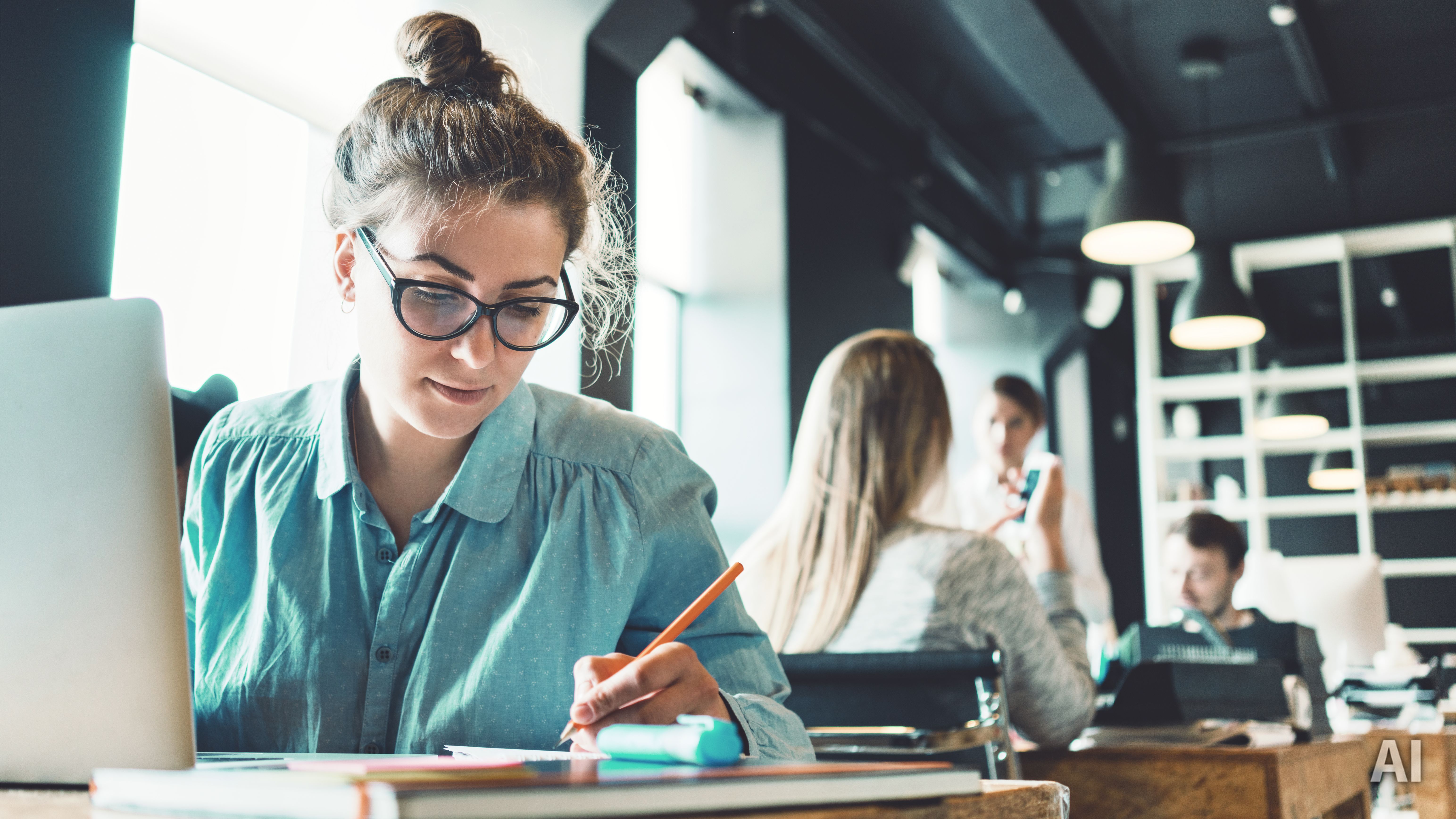 Studentin lernt in Bibliothek, AI-generated