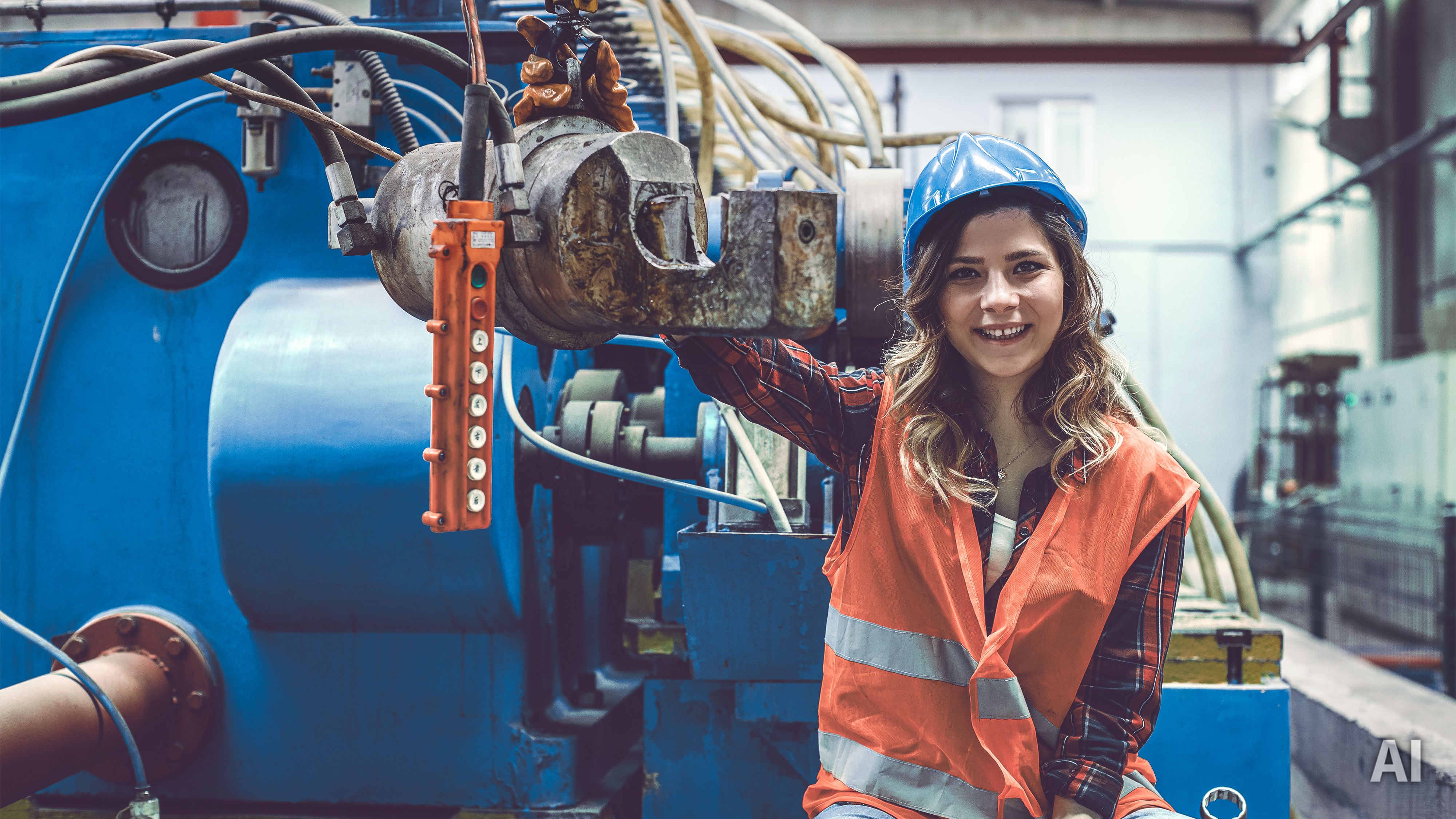 Titelbild auf Infoseite "duales Studium Mechatronik": Duale Studentin mit Schutzkleidung in Industriehalle, AI-generated