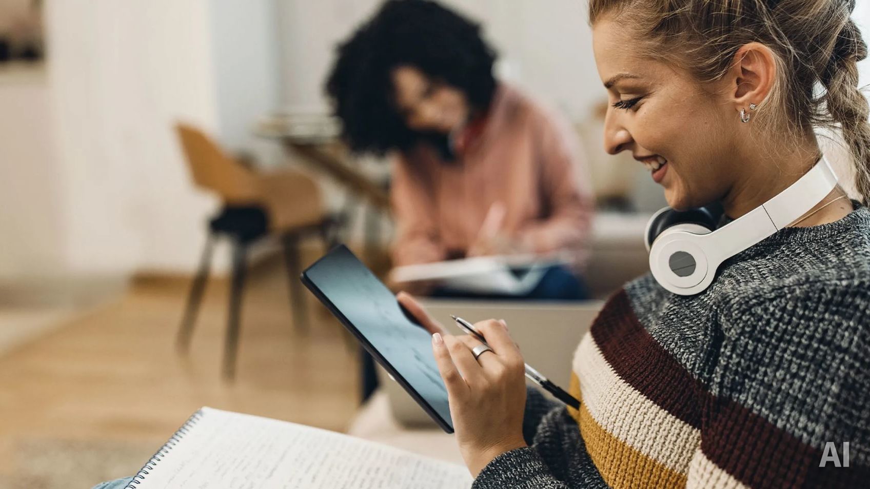 Fernstudium Sprachen: Studentin lernt am IPad, AI-generated