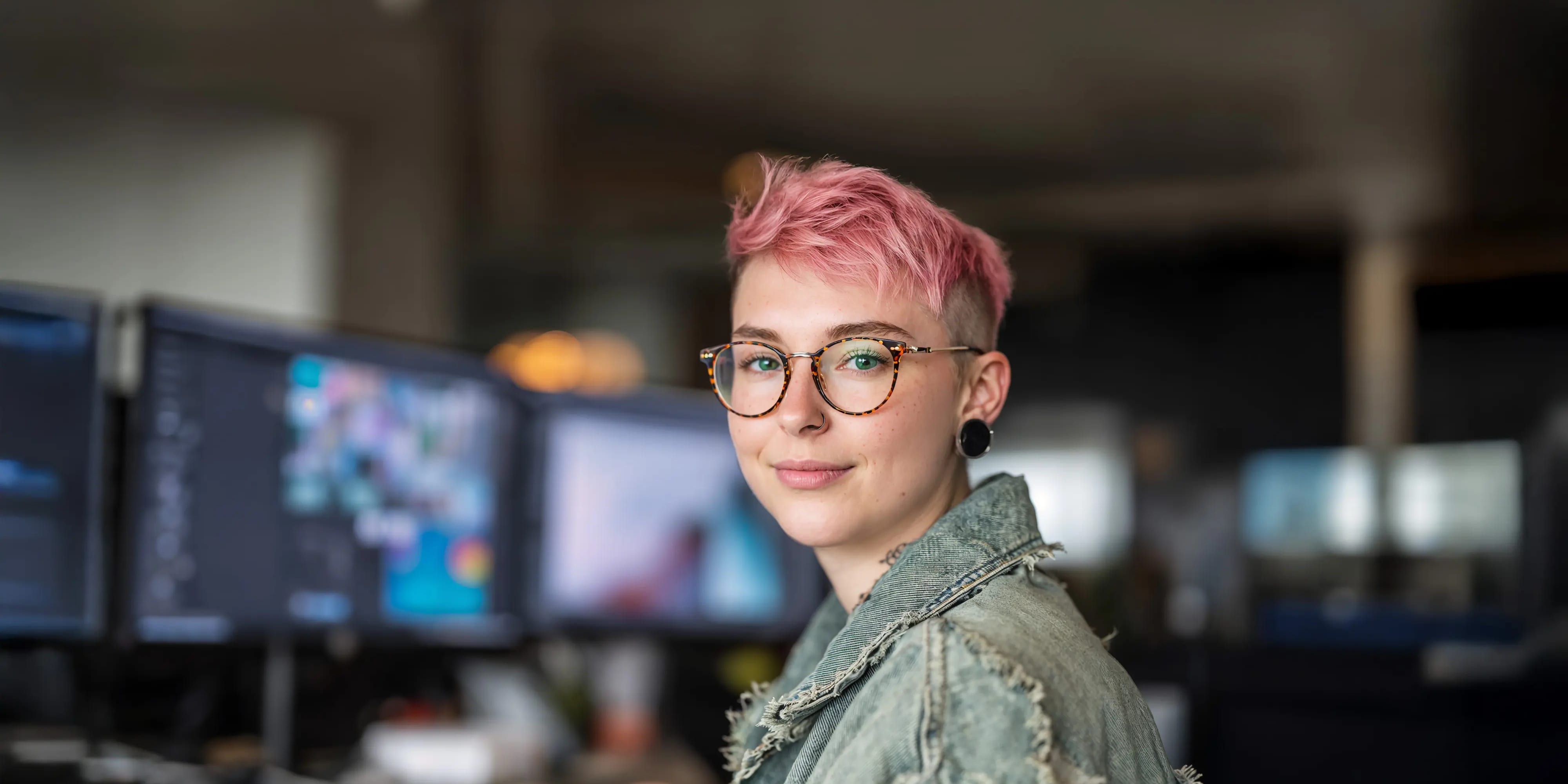 Bachelor Mediendesign: Frau sitzt am Schreibtisch mit 2 Monitoren