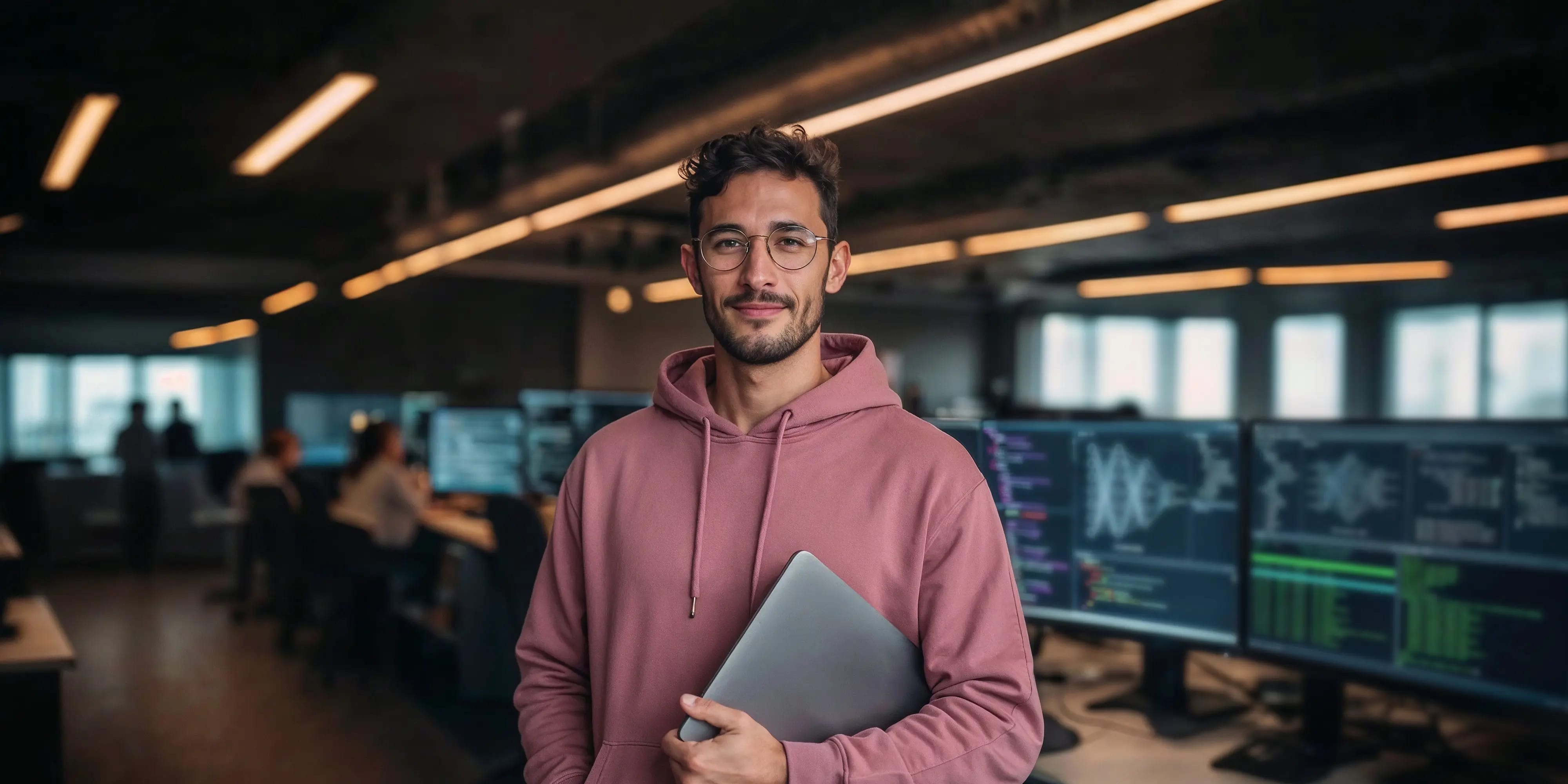 Bachelor-Artificial Intelligence: Mann steht mit Laptop im Arm im Büro mit Bildschrimen im Hintergrund, AI-generated