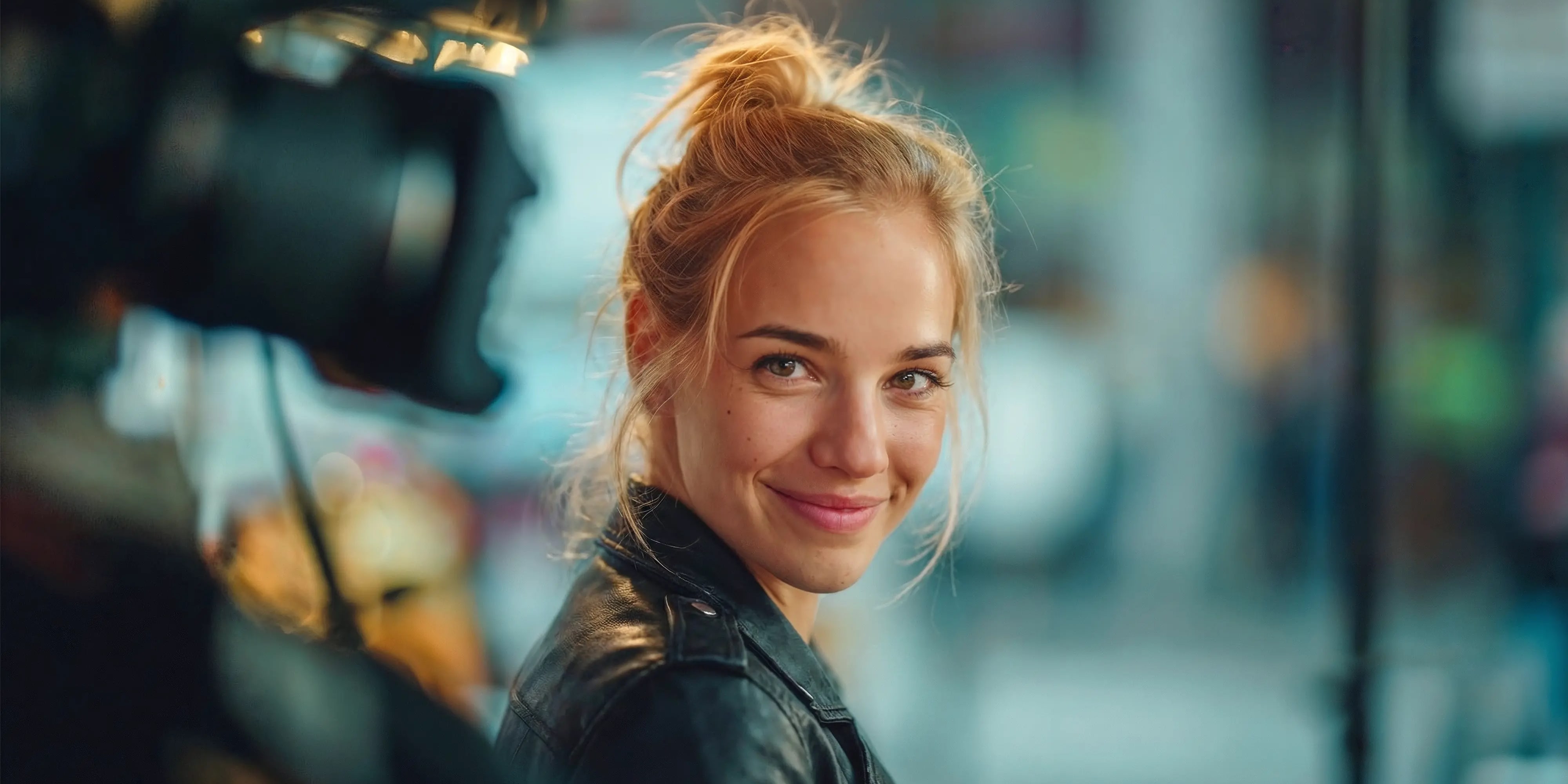 Bachelor Medienmanagement: Frau lächelt in die Kamera neben einer Filmkamera bei einem Dreh, AI-generated