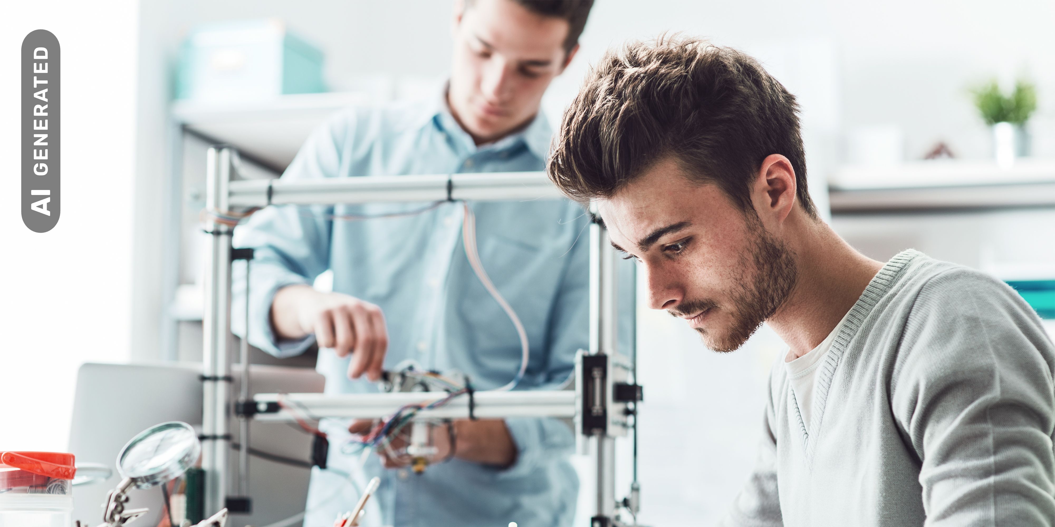 Titelbild auf Studiengangseite duales Studium Elektrotechnik: Elektrotechniker beim Arbeiten, AI-generated