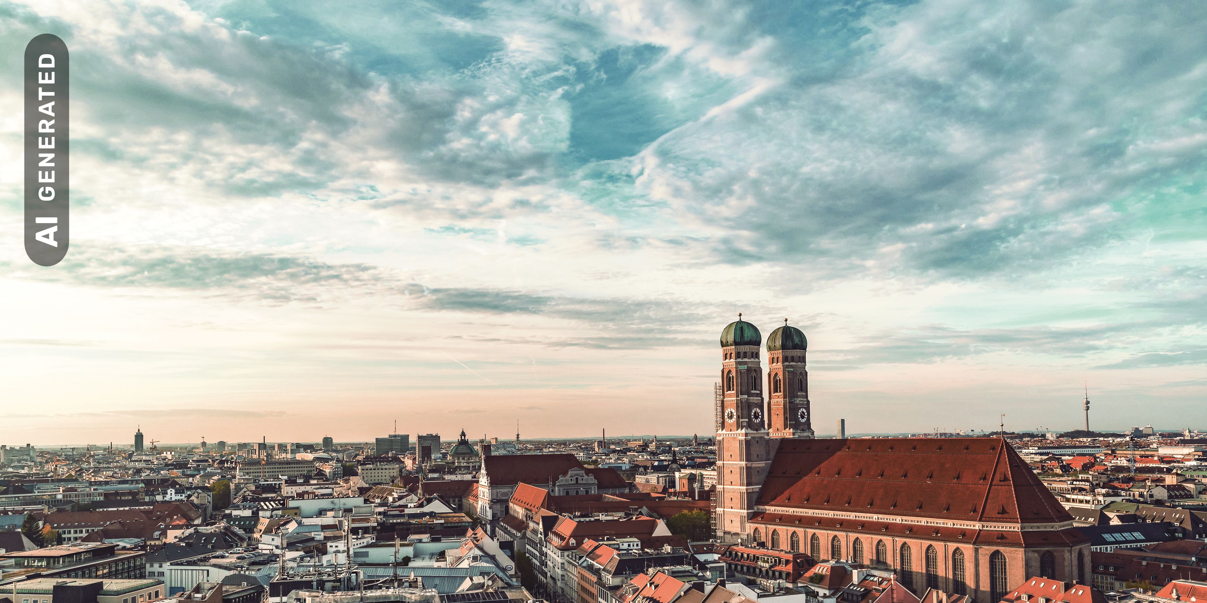 Titelbild für Infoseite "duales Studium Gesundheitsmanagement München": Blick auf historische Gebäude, AI-generated