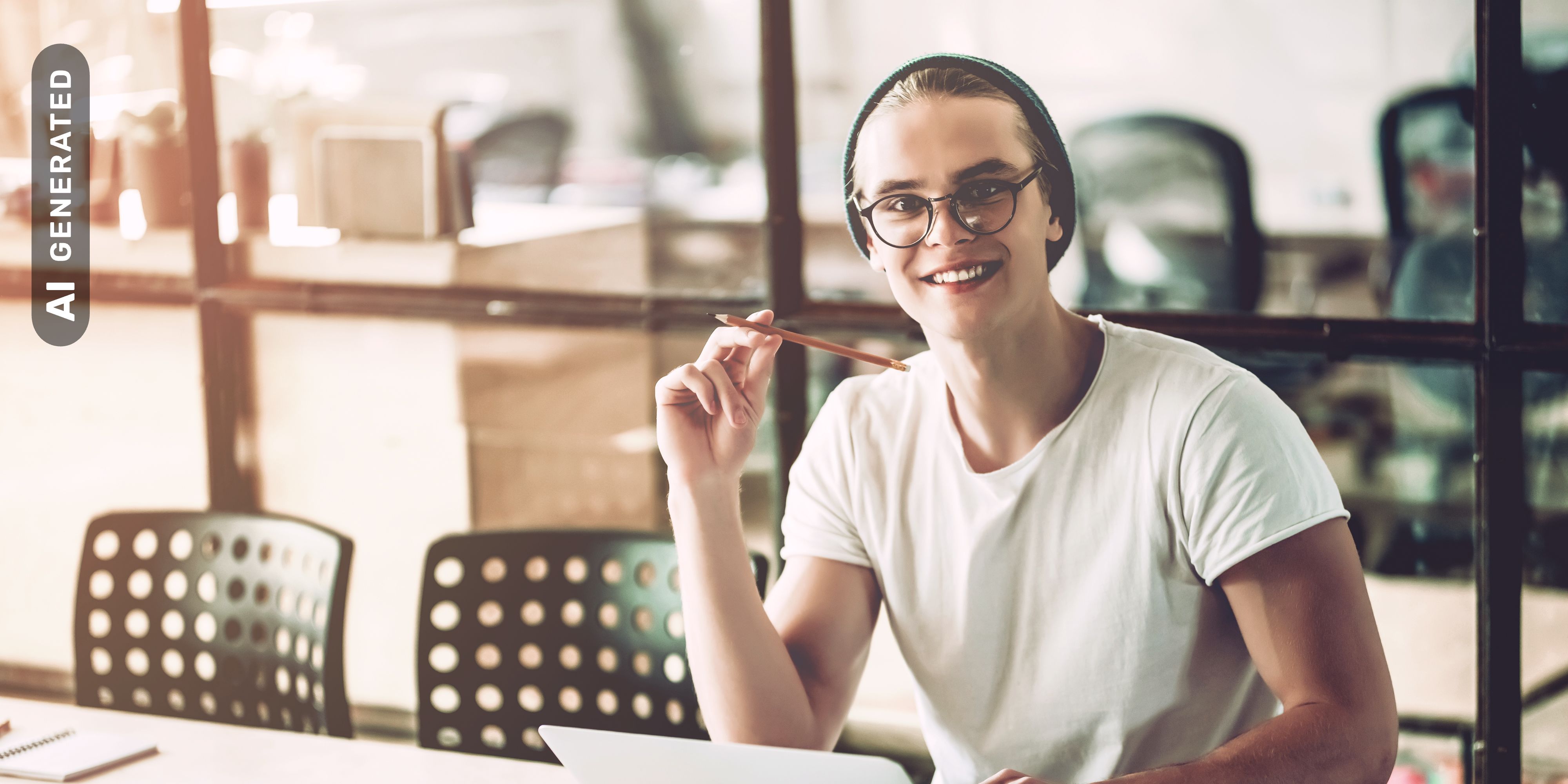 Titelbild für Infoseite “duales Studium Marketingmanagement": Lächelnder Student am mit Laptop am Schreibtisch, AI-generated