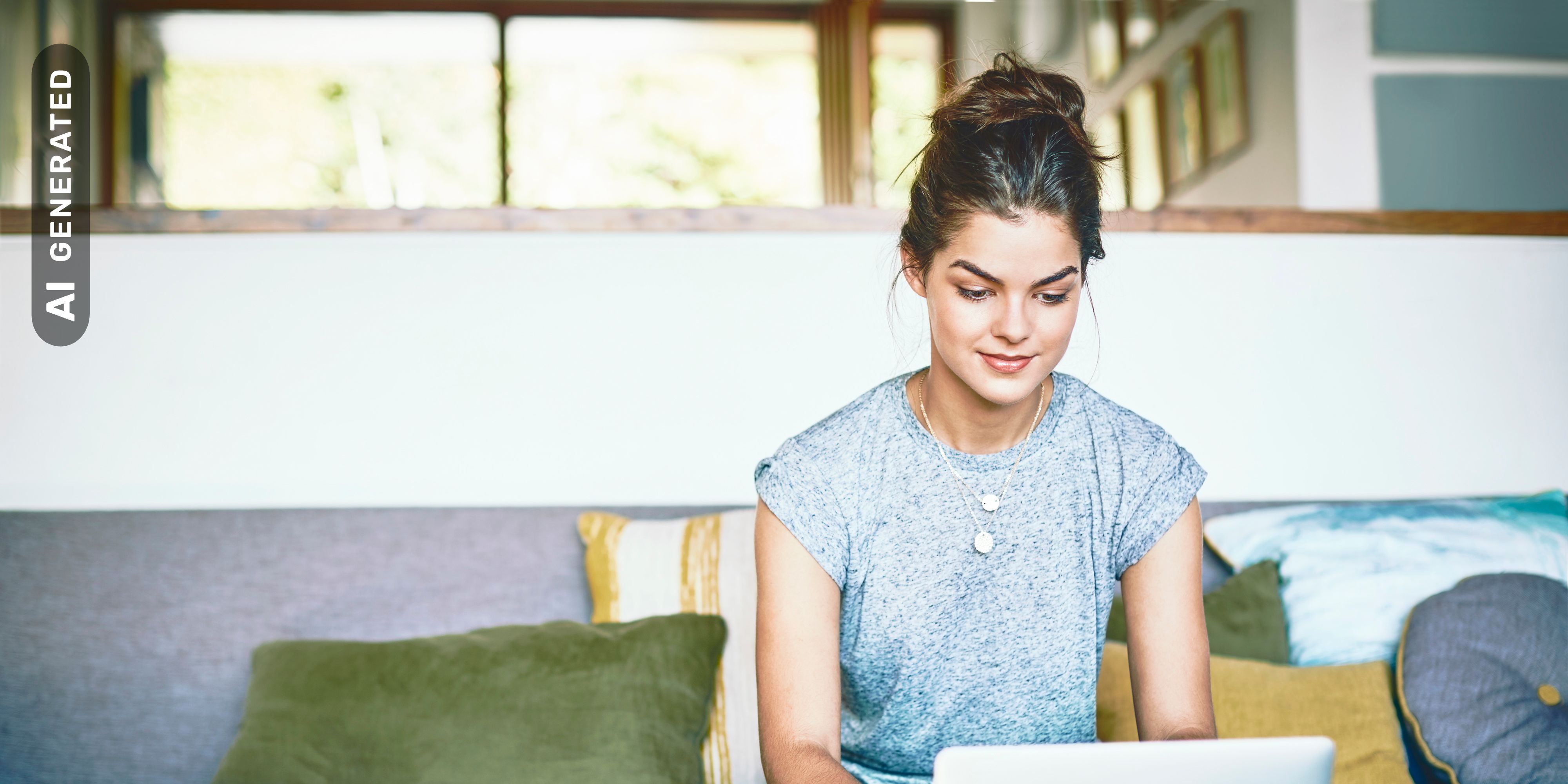 Titelbild für Infoseite “Häufig gestellte Fragen”: Studentin arbeitet konzentriert am Laptop im Wohnzimmer, AI-generated