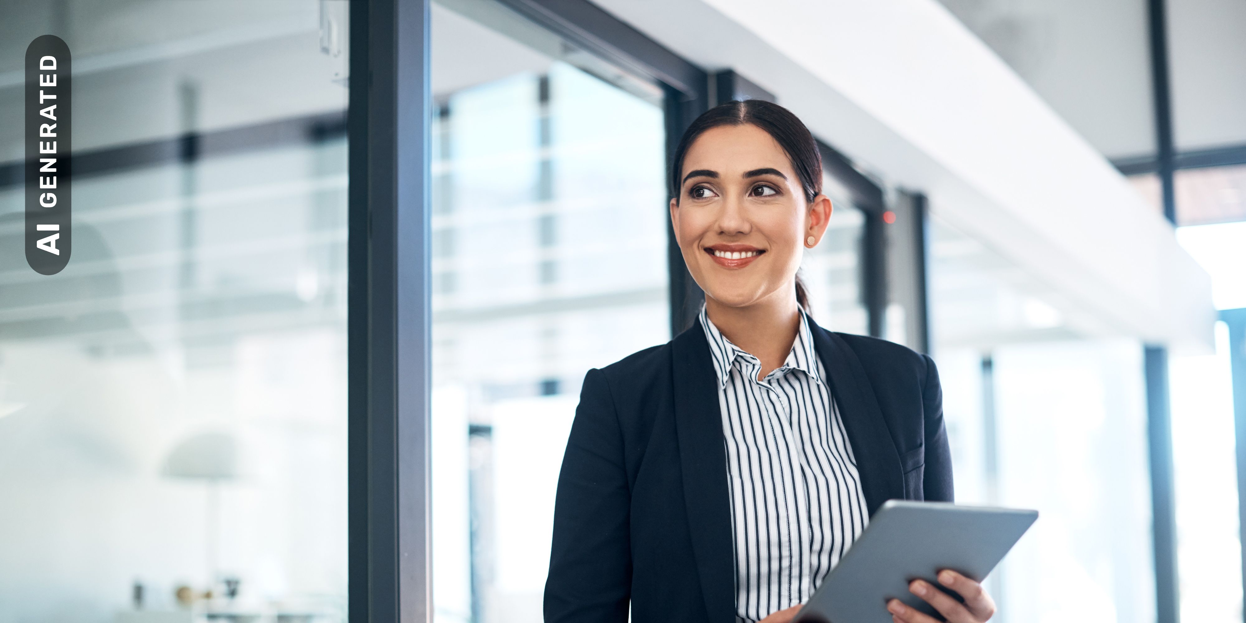 Titelbild für Infoseite “Bachelor International Healthcare Management”: Healthcare Managerin mit Tablet vor Konferenzraum, AI-generated