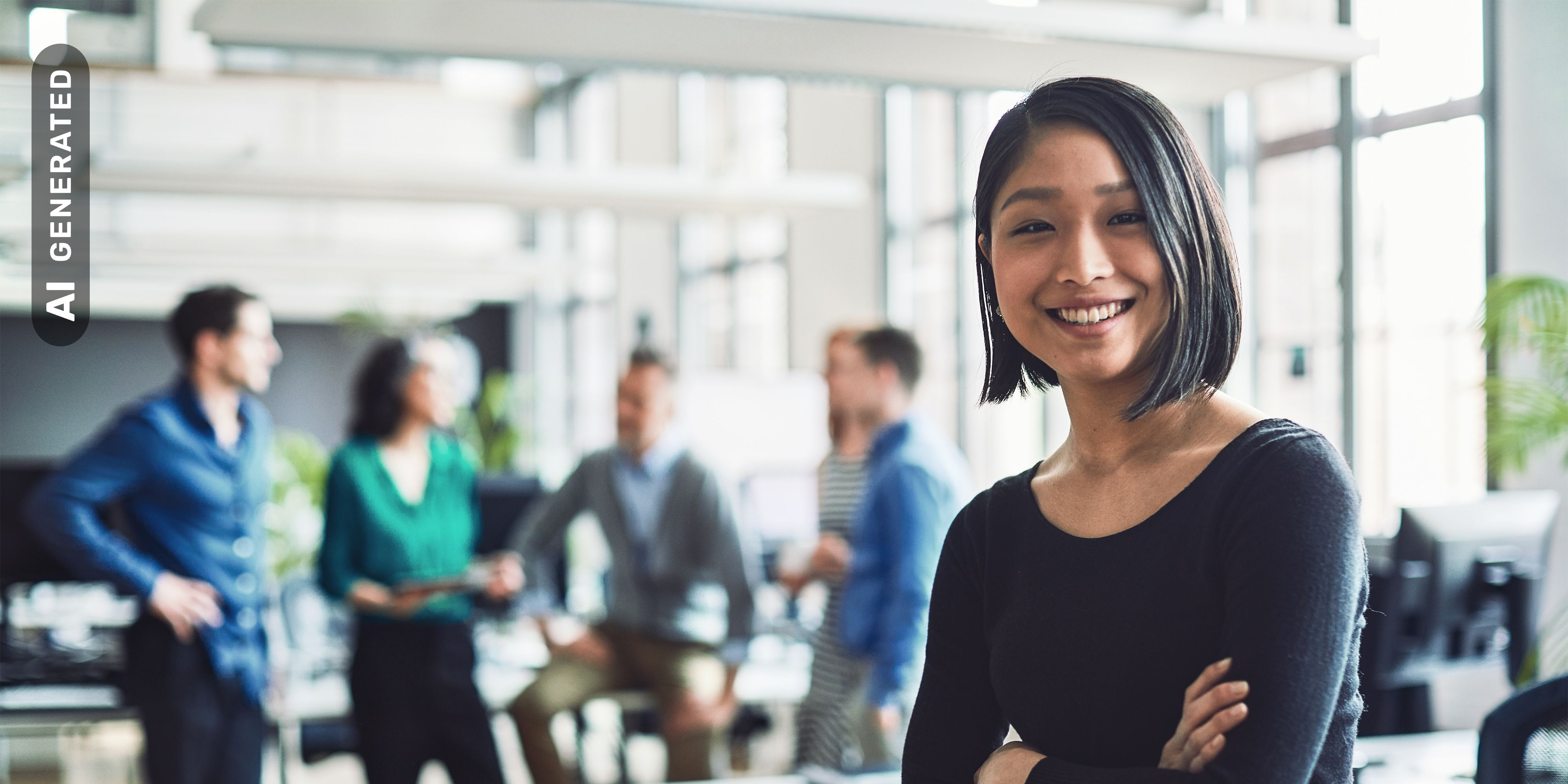 Titelbild für Infoseite “MBA - Human Resource Management”: HR Managerin steht in Großraumbüro, AI-generated