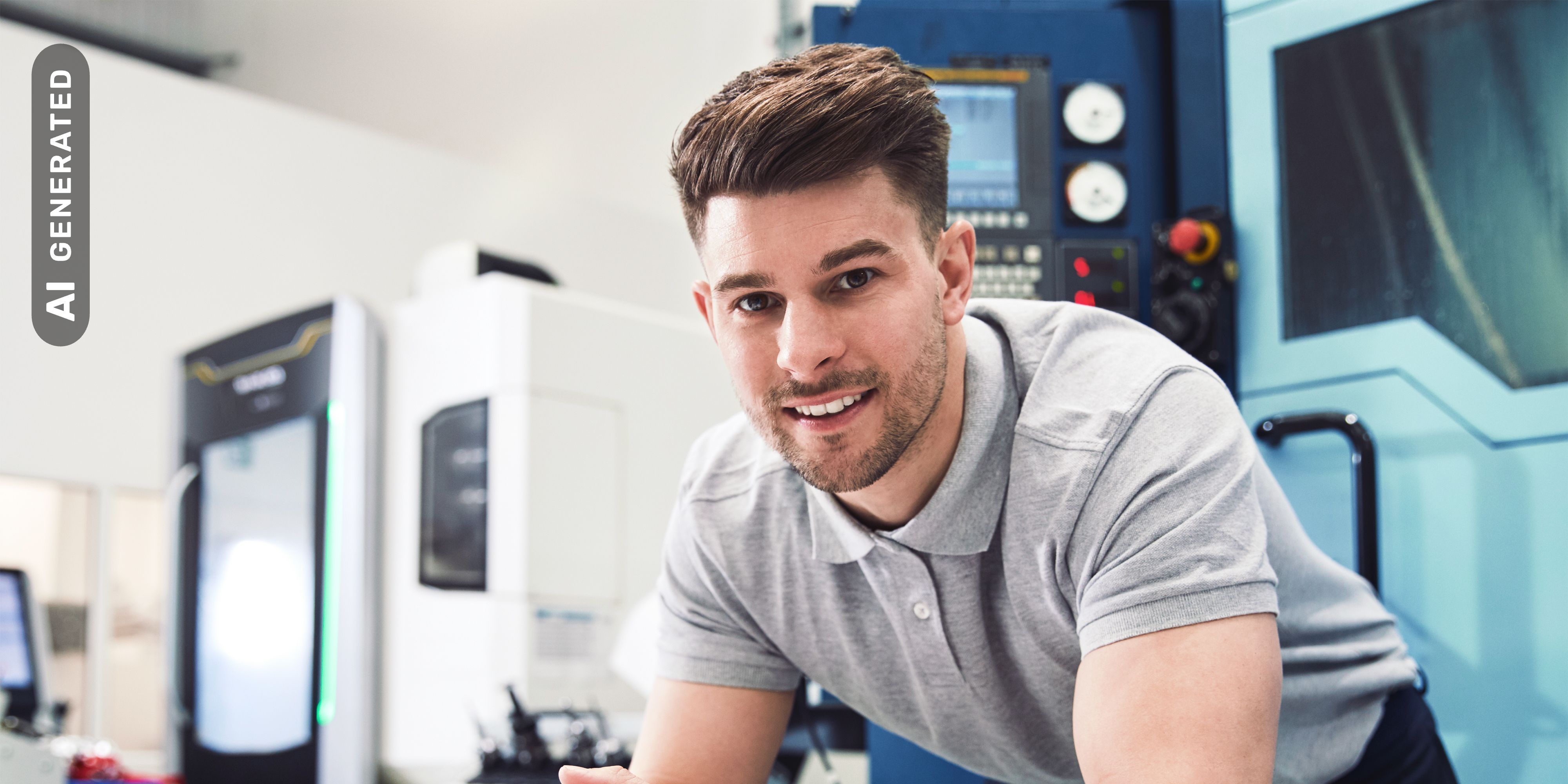 Titelbild für Infoseite “Bachelor Mechatronik”: Mechatronik-Student steht vor Maschine in Produktionshalle, AI-generated