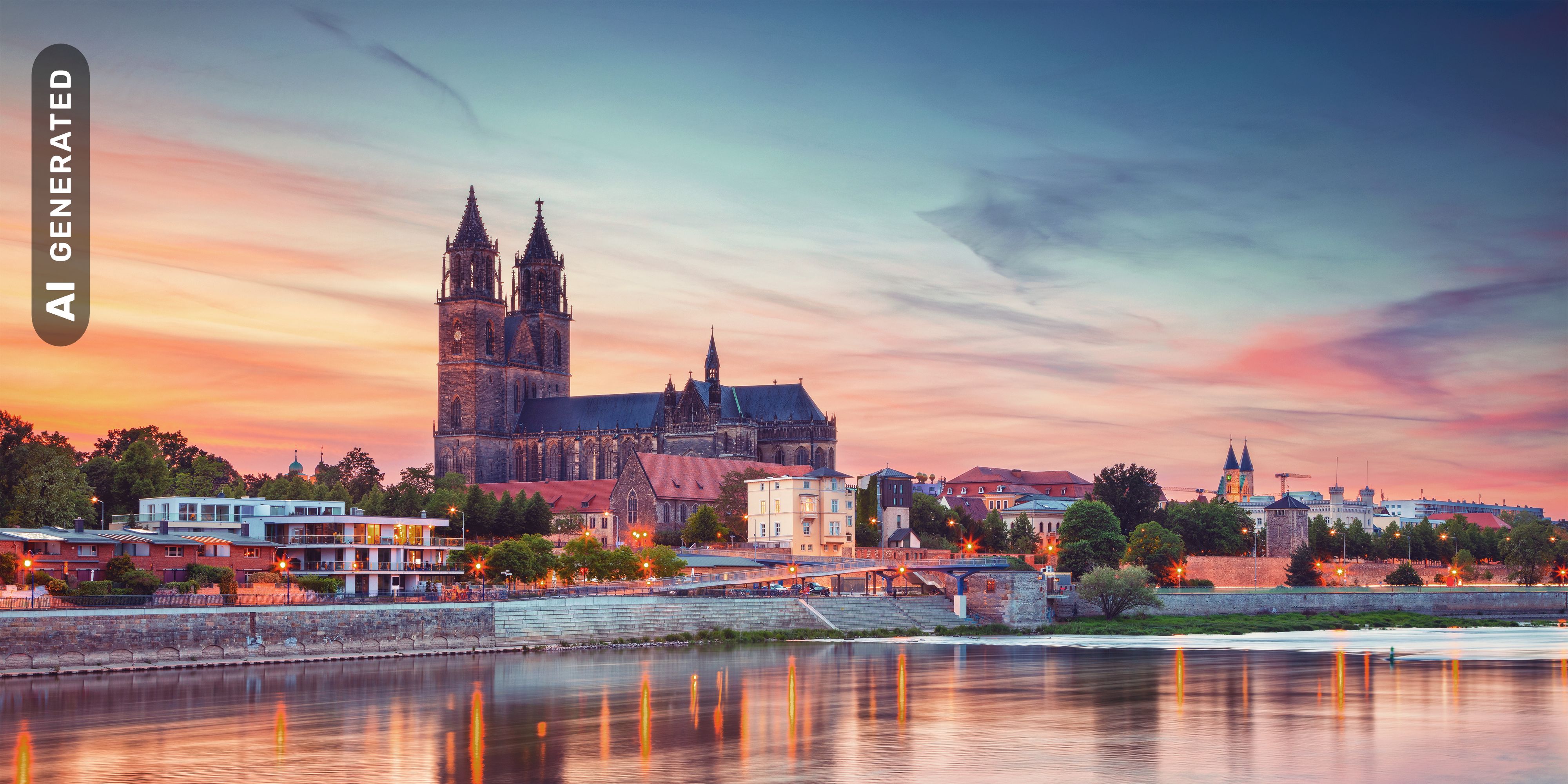 Titelbild auf Studienortseite "duales Studium Magdeburg": Stadtblick, AI-generated