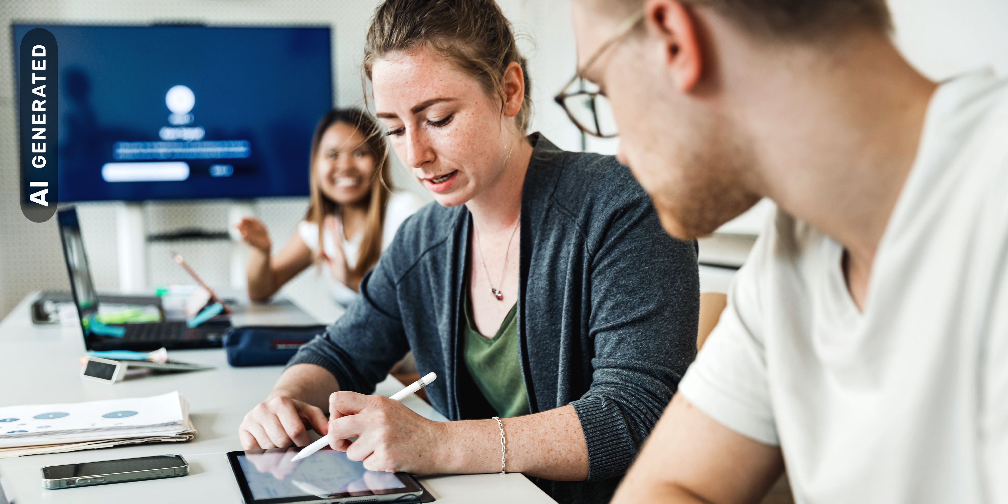 Karrieremöglichkeit “XR System Analyst:in”: Zwei Studenten arbeiten am Tablet, AI-generated
